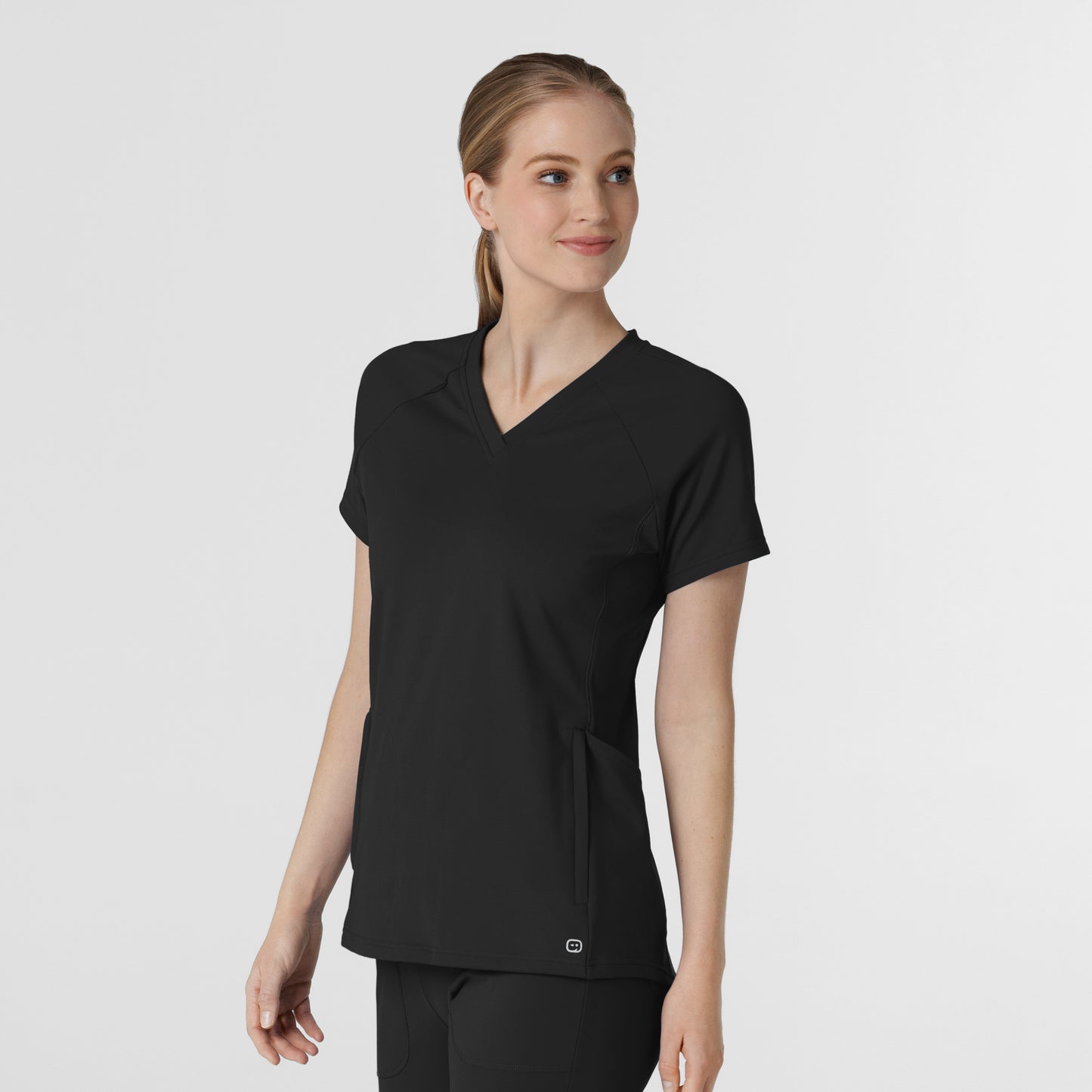 RENEW 6259 Knit Flex-n-Reach V-Neck Raglan Scrub Top Black Model Image Right Side | Wink