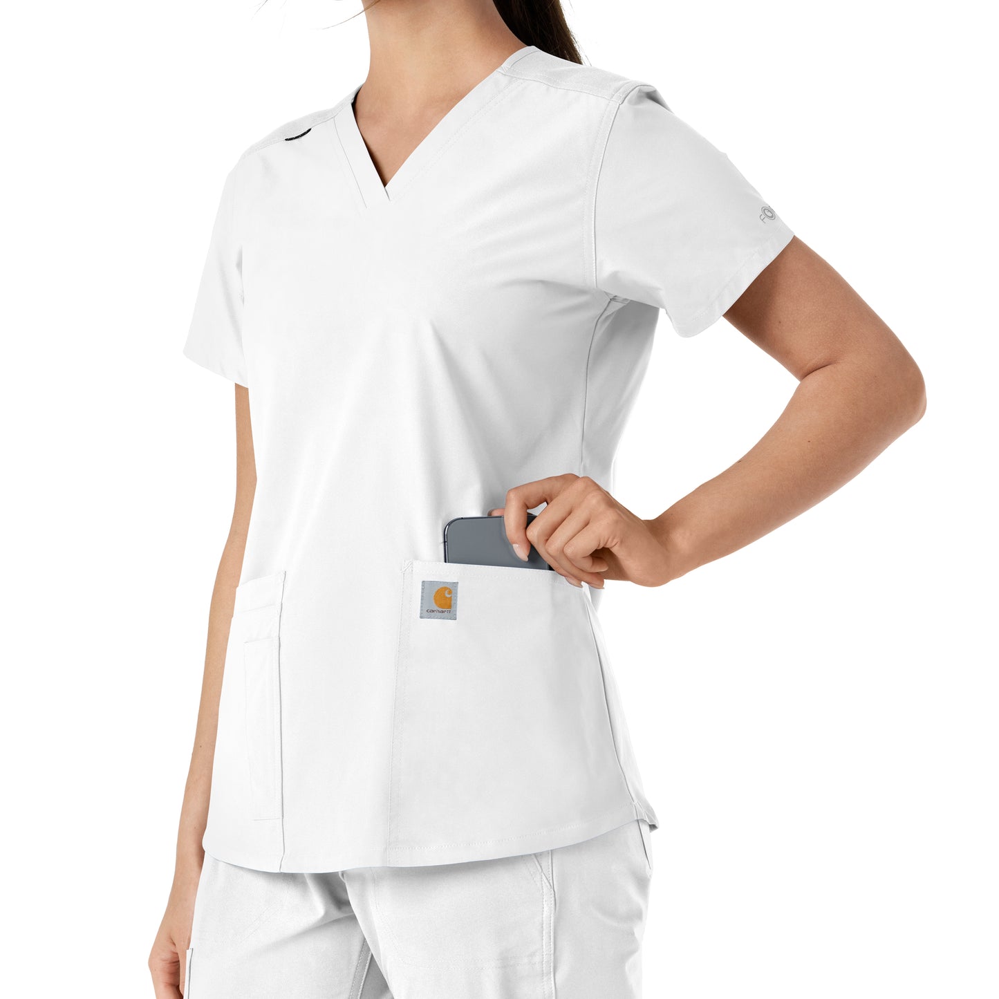 Force Essentials C12313 V-Neck Knit Panel Scrub Top White Model Image Alternate | Carhartt