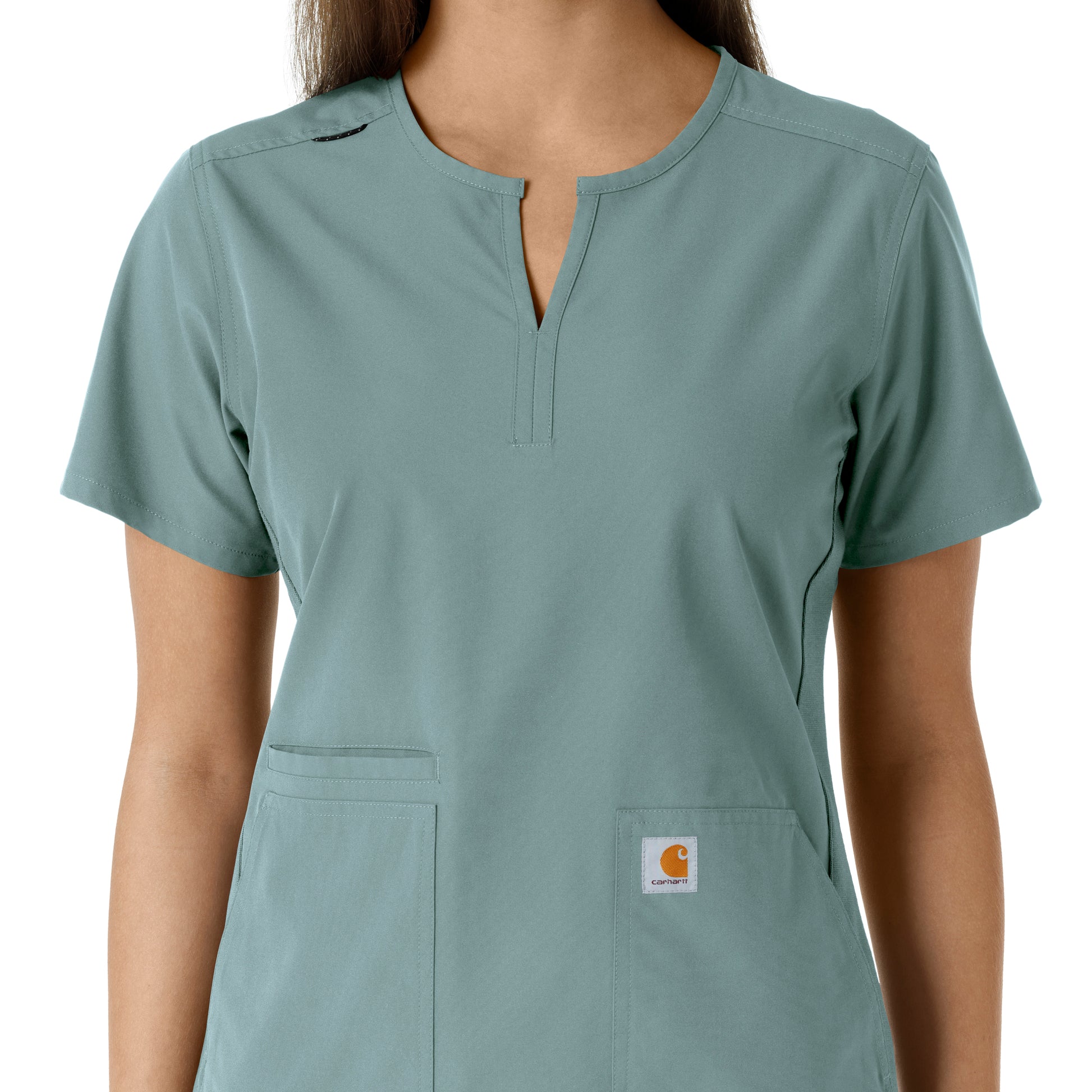 Force Essentials C12413 Notch Neck Tunic Knit Panel Scrub Top Summer Blue Model Image Left Side | Carhartt