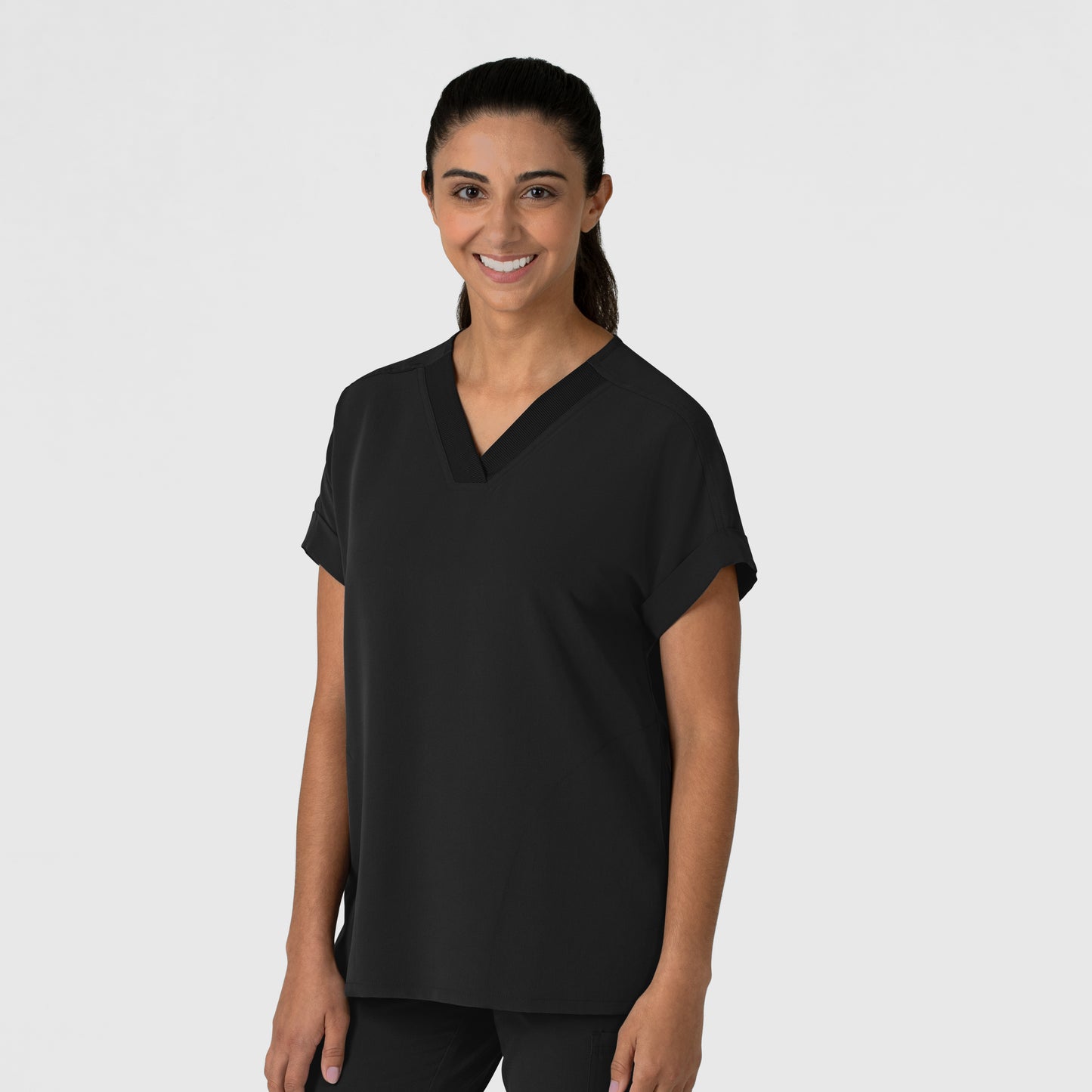 Nova 6232 Drop Shoulder Boxy Scrub Top Black Model Image Left Side | Wink