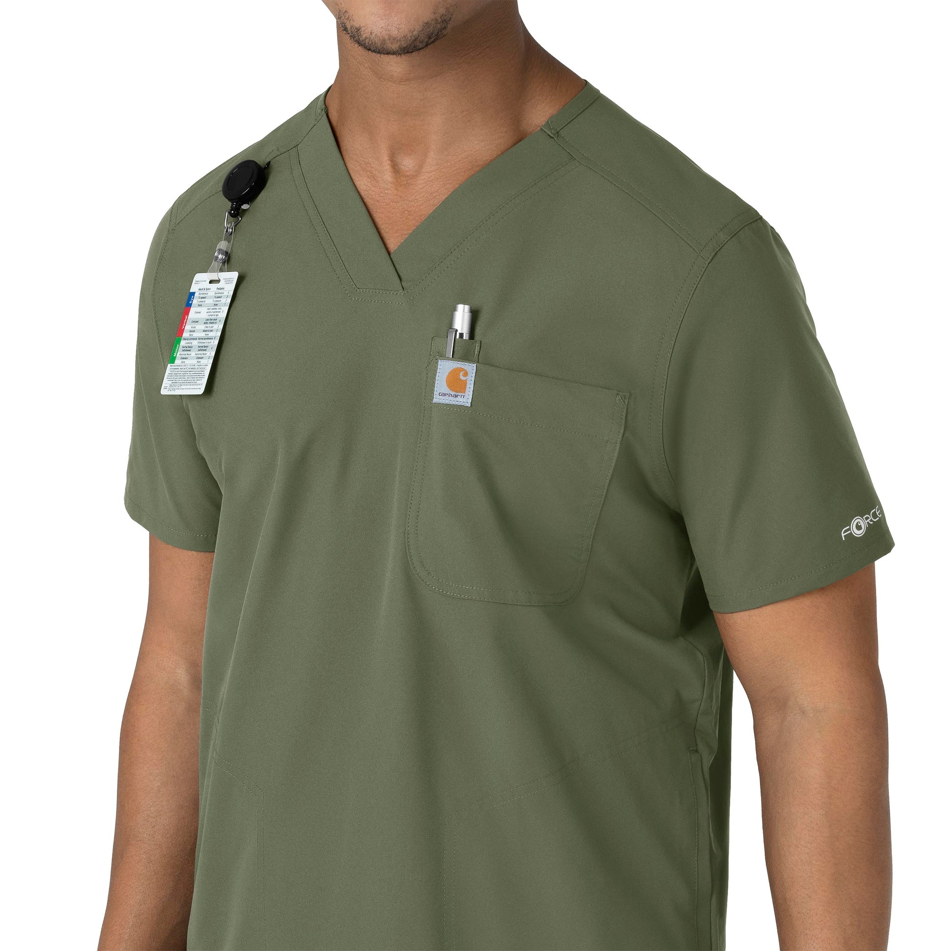 Force Essentials C16113 Men's V-Neck Shirttail Scrub Top Olive Model Image Alternate | Carhartt