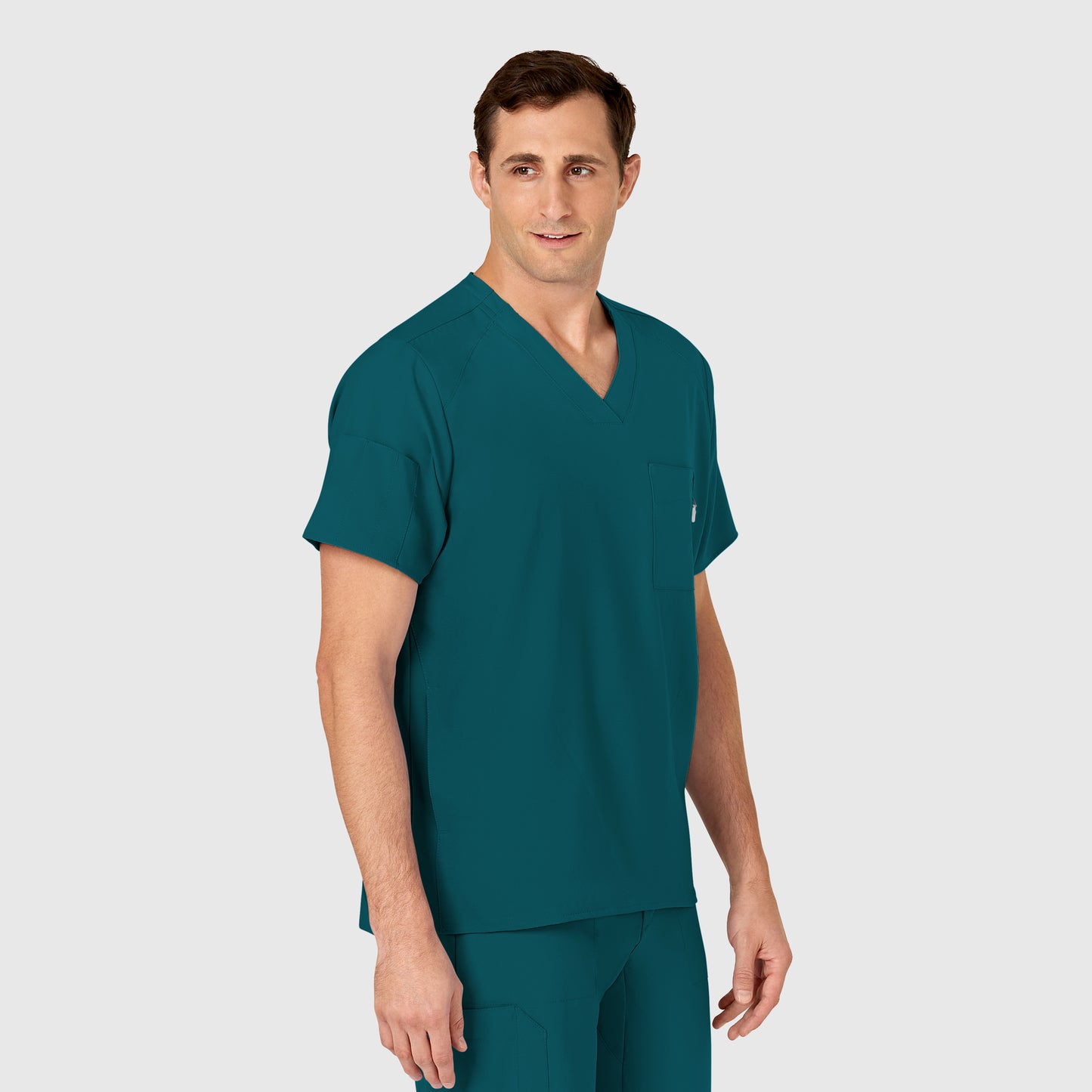 W123 6355 Men's V-Neck Scrub Top Caribbean Blue Model Image Right Side | Wink