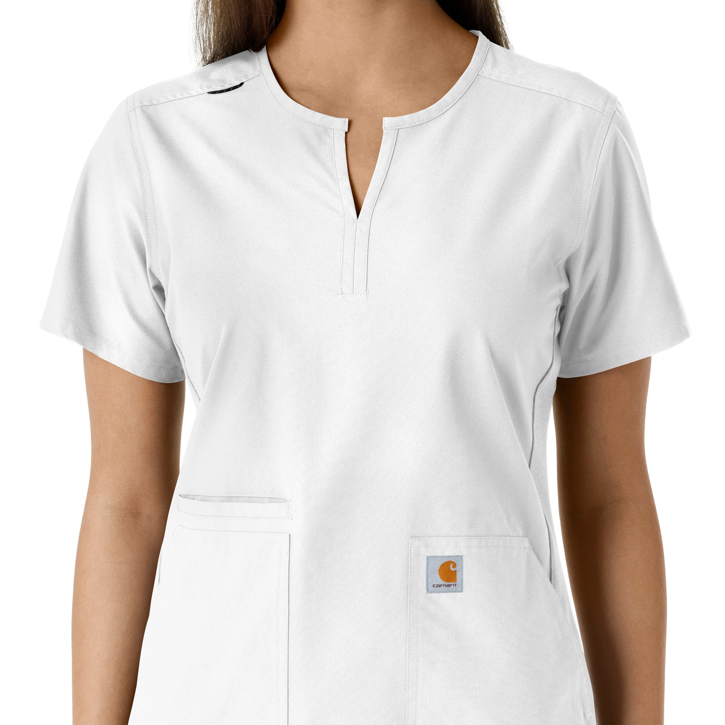 Force Essentials C12413 Notch Neck Tunic Knit Panel Scrub Top White Model Image Left Side | Carhartt