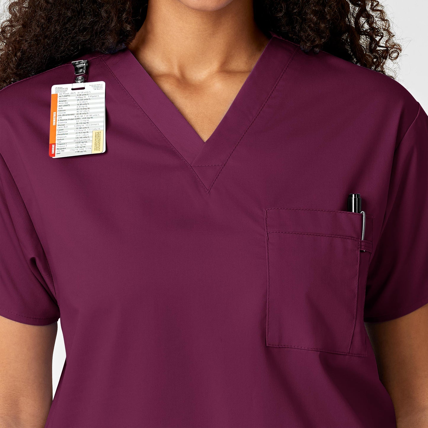 WonderWORK 100 Unisex V-Neck Scrub Top Wine Model Image Alternate | Wink