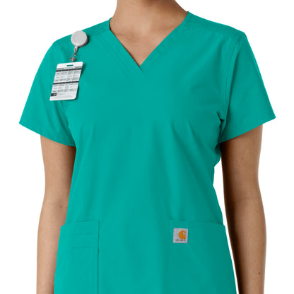 Force Essentials C12313 V-Neck Knit Panel Scrub Top Teal Model Image Alternate | Carhartt