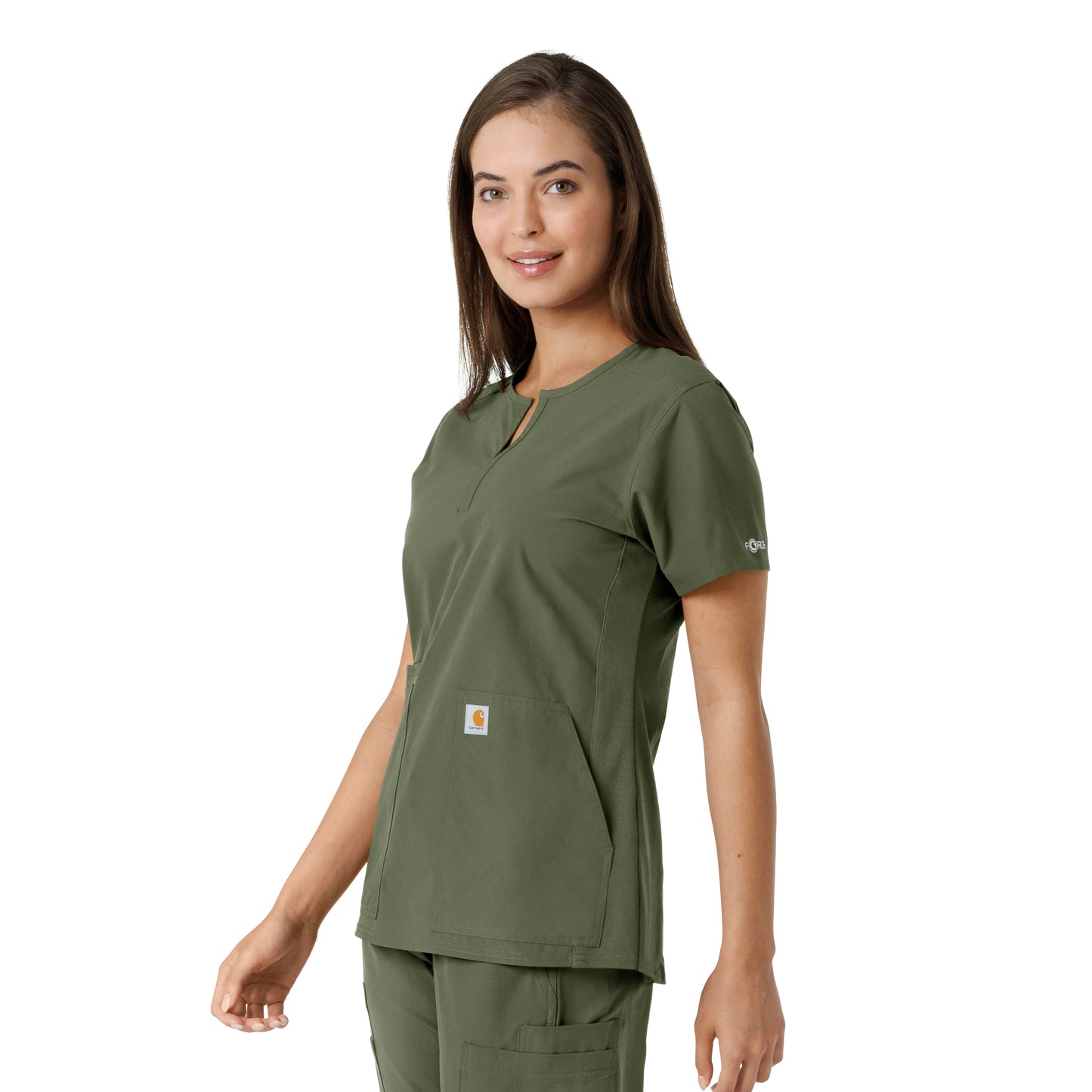 Force Essentials C12413 Notch Neck Tunic Knit Panel Scrub Top Olive Model Image Left Side | Carhartt