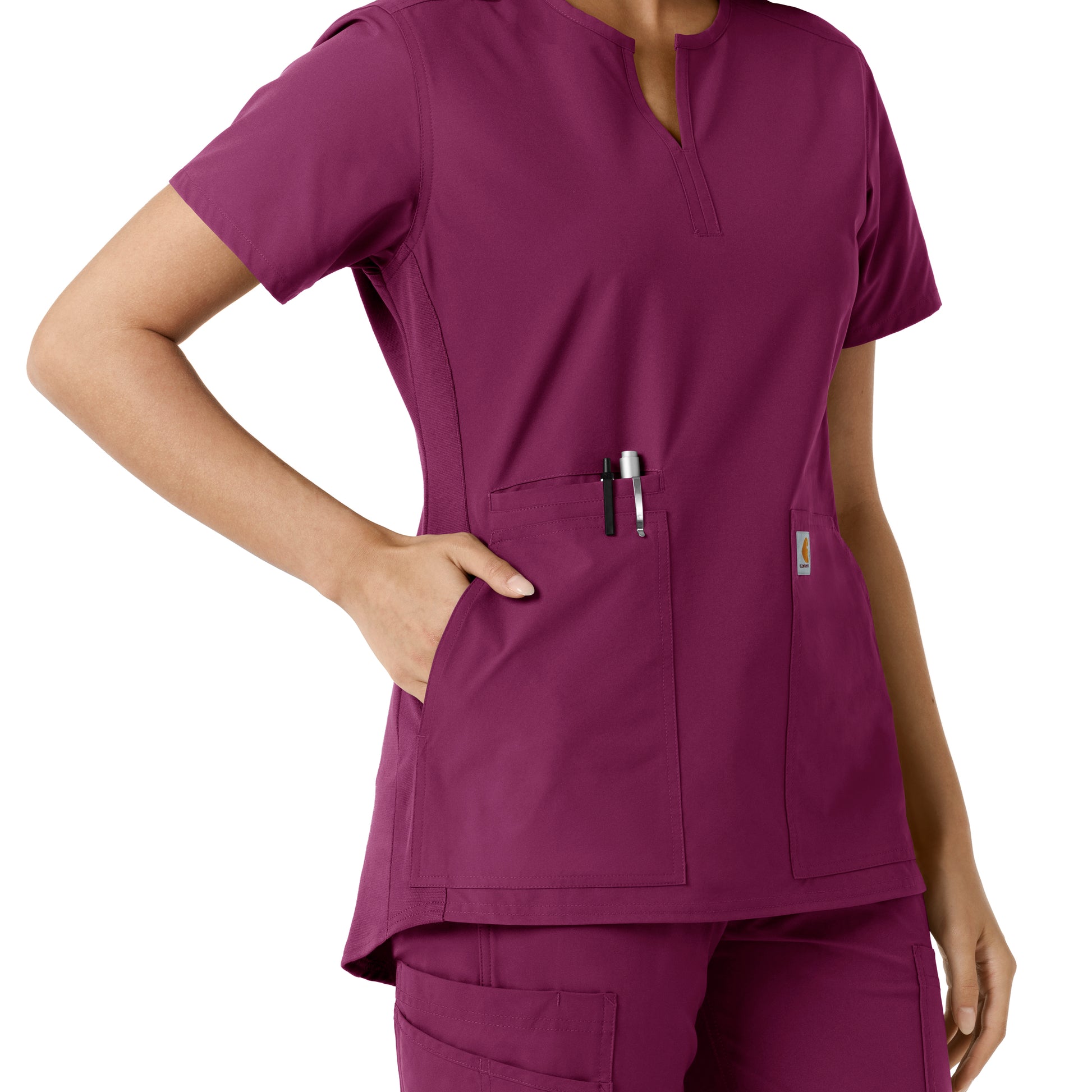 Force Essentials C12413 Notch Neck Tunic Knit Panel Scrub Top Wine Model Image Alternate | Carhartt