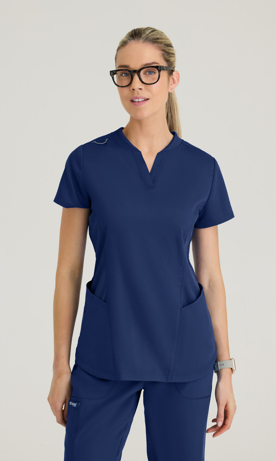 Greys Anatomy Classic GRT303 Women's Erin Top in Indigo by Barco Model Image Front