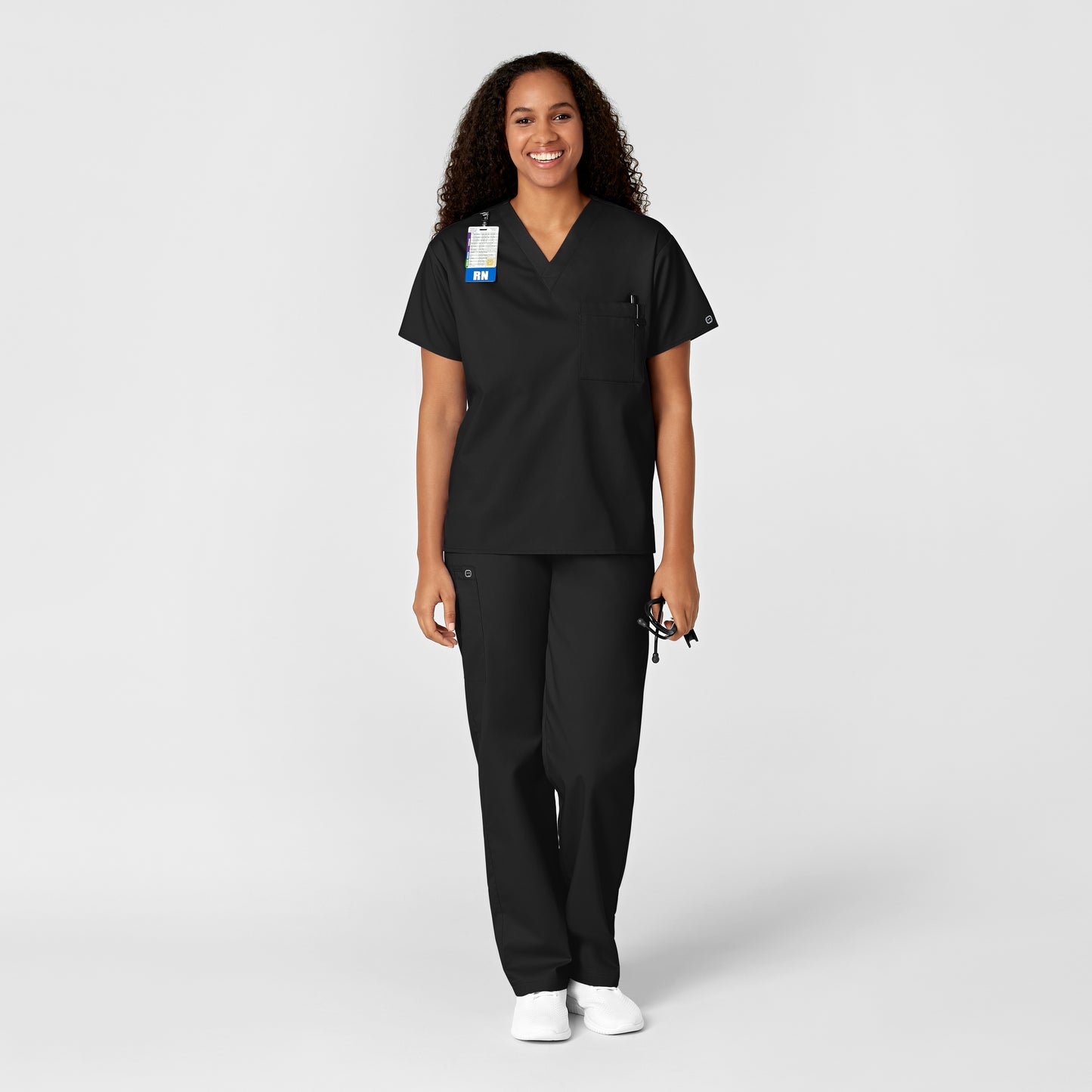 WonderWORK 100 Unisex V-Neck Scrub Top Black Model Image Alternate | Wink