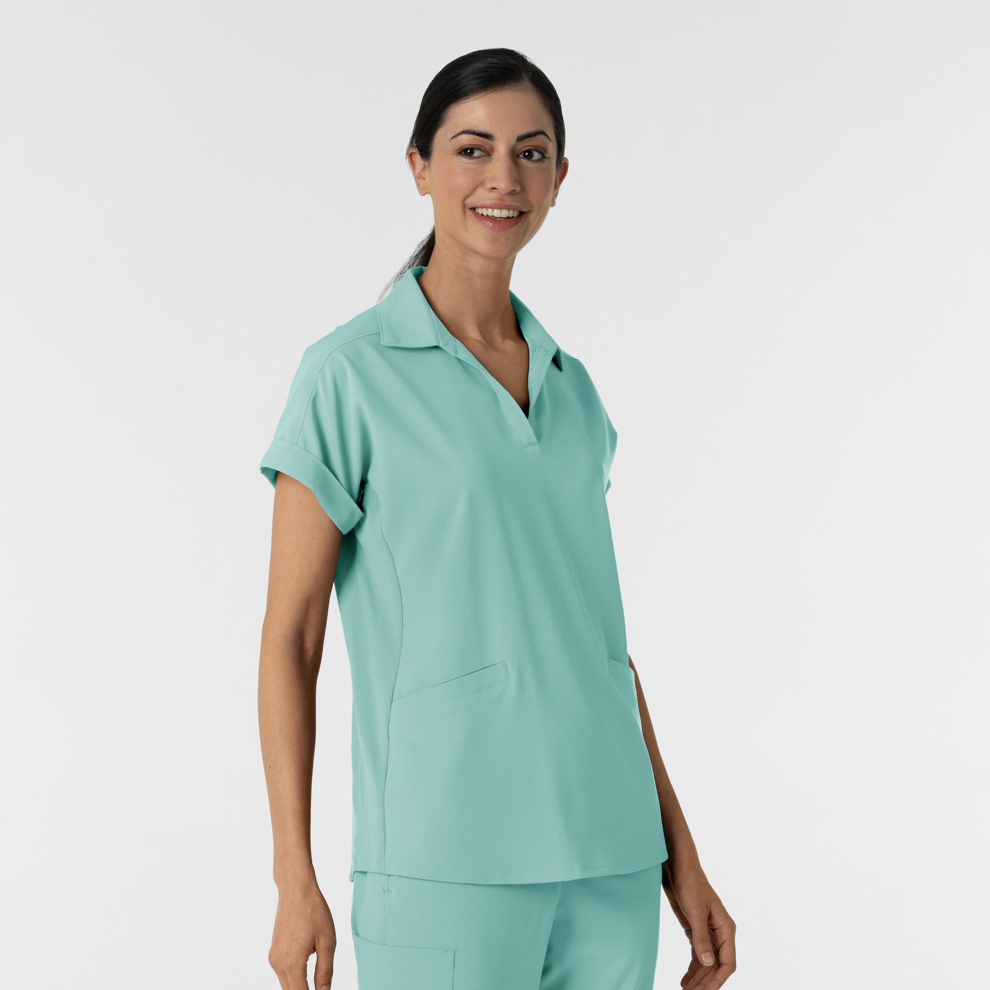 RENEW 6934 Women’s Flex-n-Reach Collared Scrub Top Turquoise Model Image Right Side | Wink