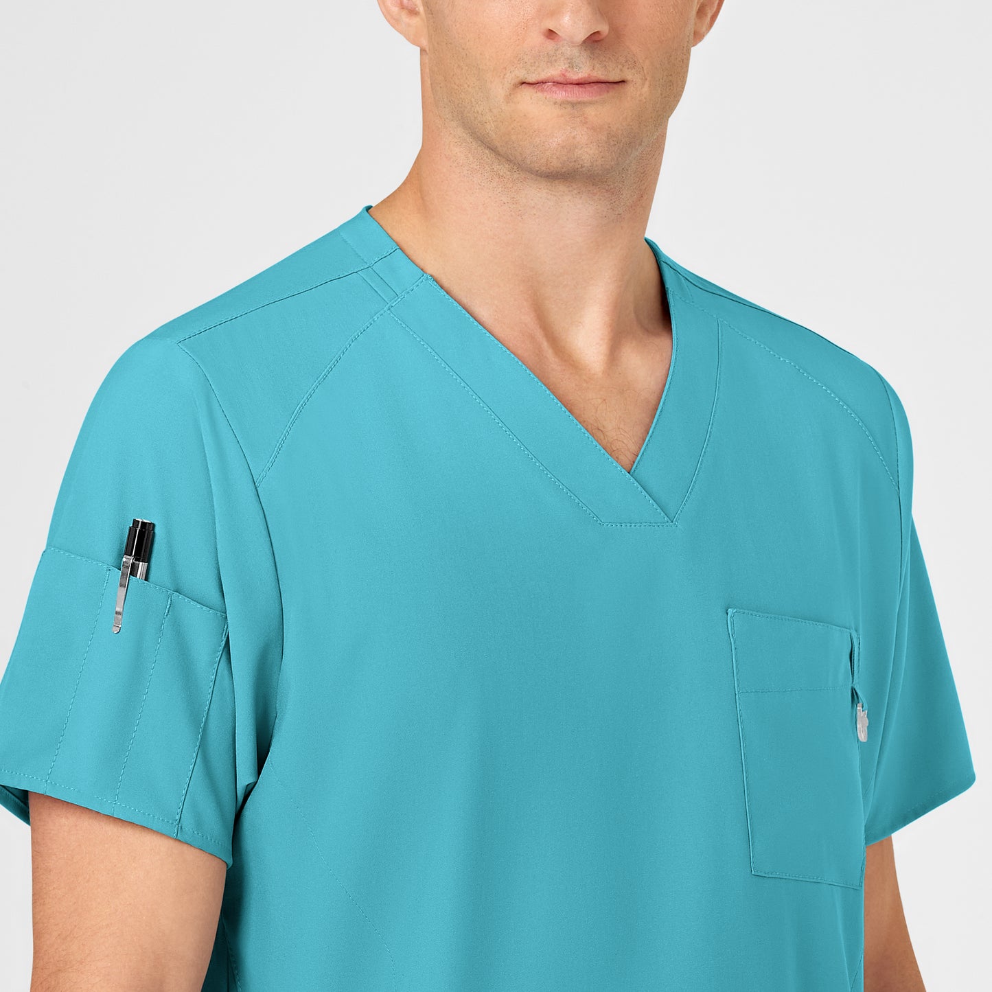 W123 6355 Men's V-Neck Scrub Top Teal Blue Model Image Left Side | Wink