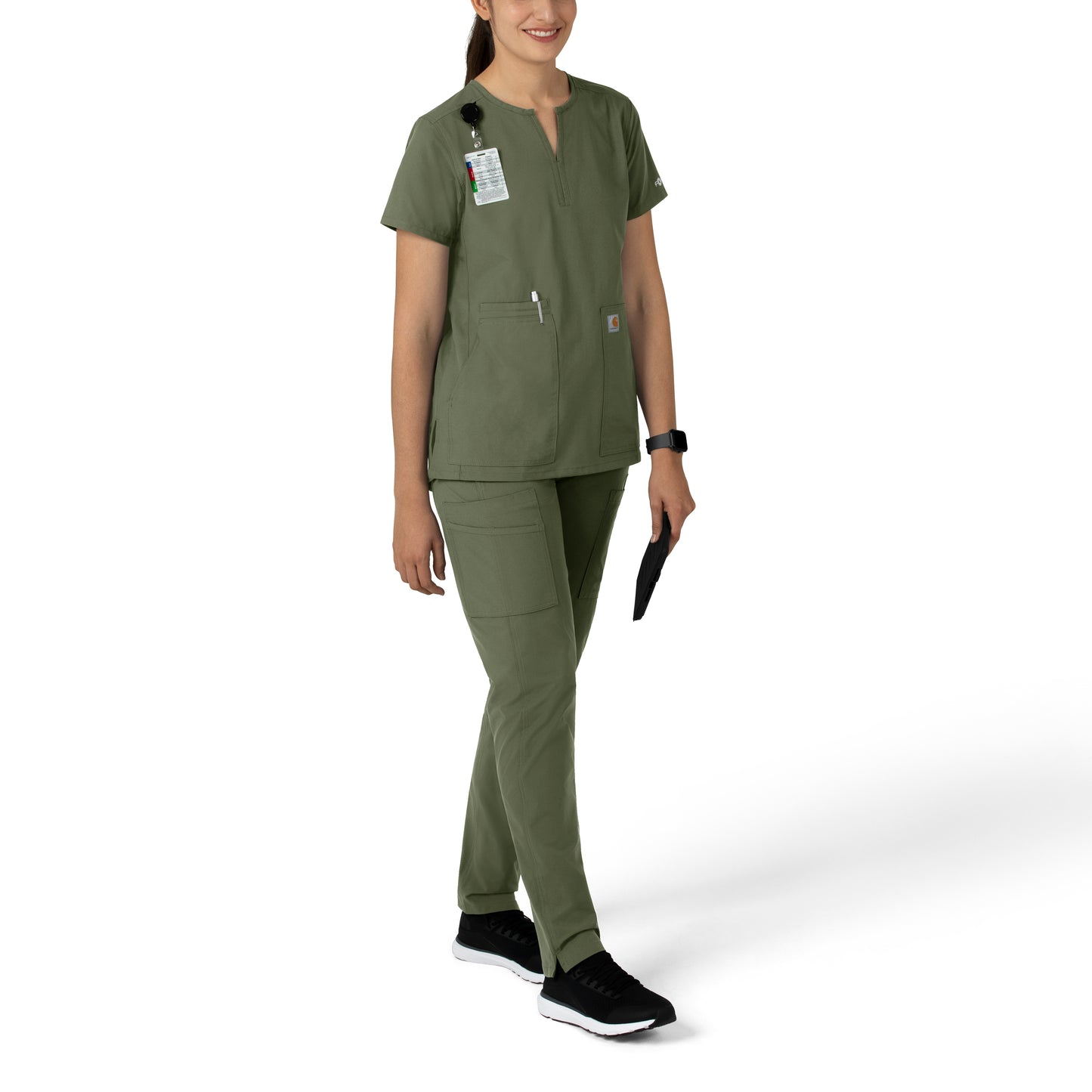 Force Essentials C12213 Notch Neck Tunic Scrub Top Olive Model Image Right Side | Carhartt