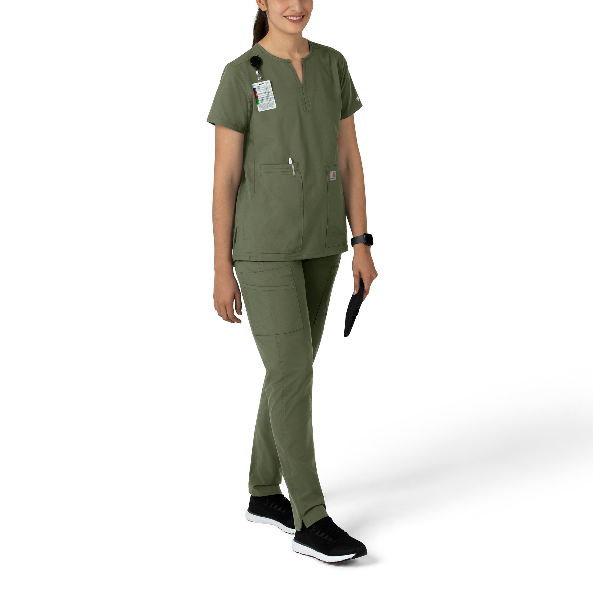 Force Essentials C12213 Notch Neck Tunic Scrub Top Olive Model Image Right Side | Carhartt