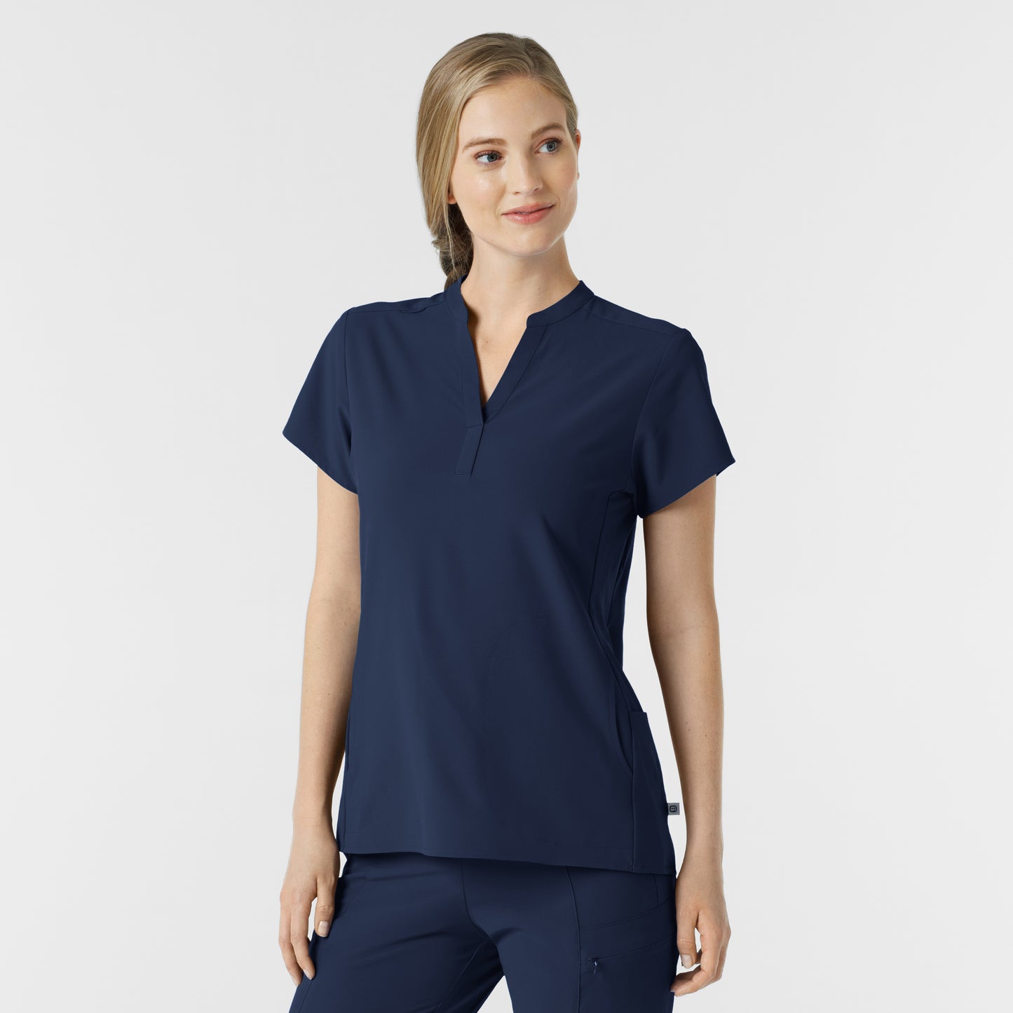 RENEW 6734 Mandarin Collar Scrub Top Navy Model Image Right Side | Wink