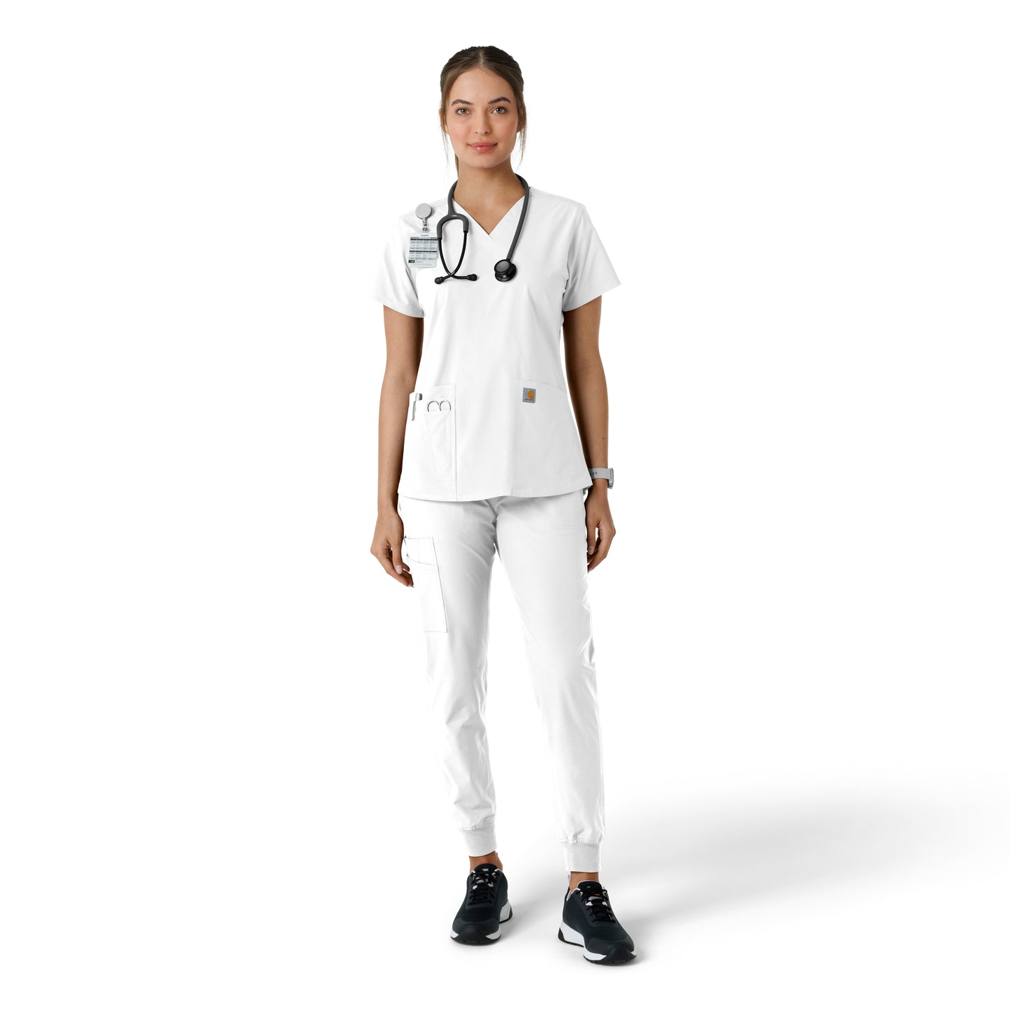 Force Essentials C12313 V-Neck Knit Panel Scrub Top White Model Image Right Side | Carhartt