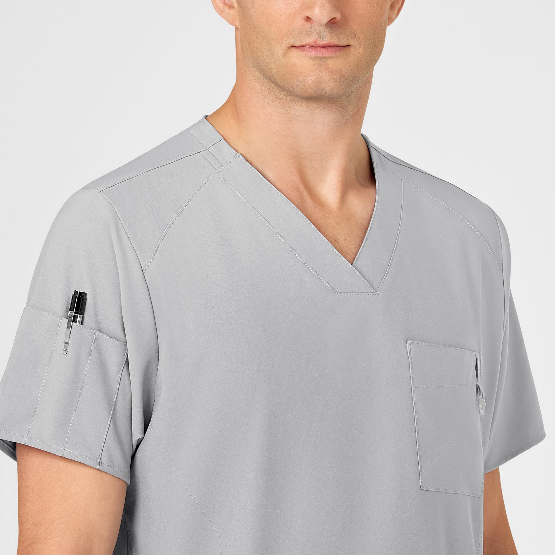 W123 6355 Men's V-Neck Scrub Top Grey Model Image Left Side | Wink