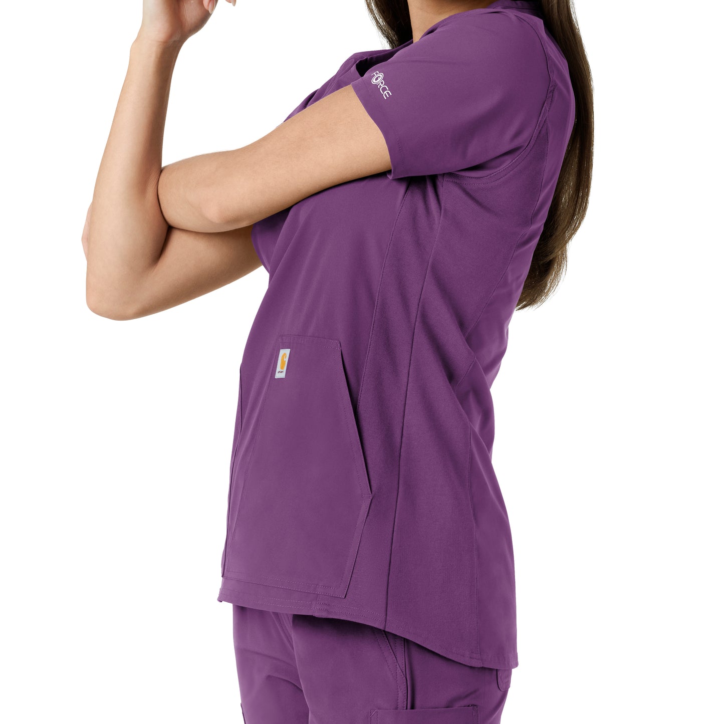 Force Essentials C12413 Notch Neck Tunic Knit Panel Scrub Top Eggplant Model Image Alternate | Carhartt