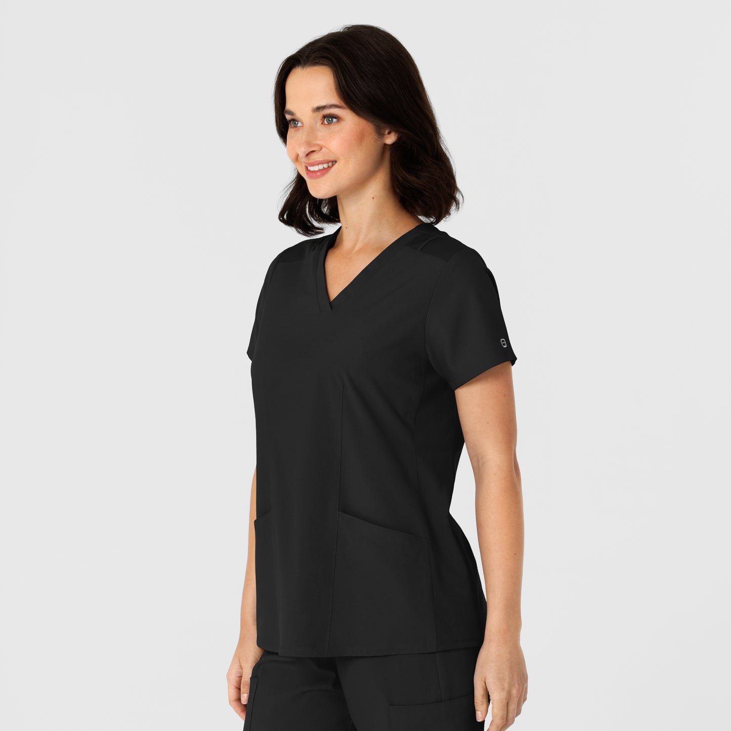 W123 6145 Flex-n-Reach Side Panel V-Neck Scrub Top Black Model Image Right Side | Wink