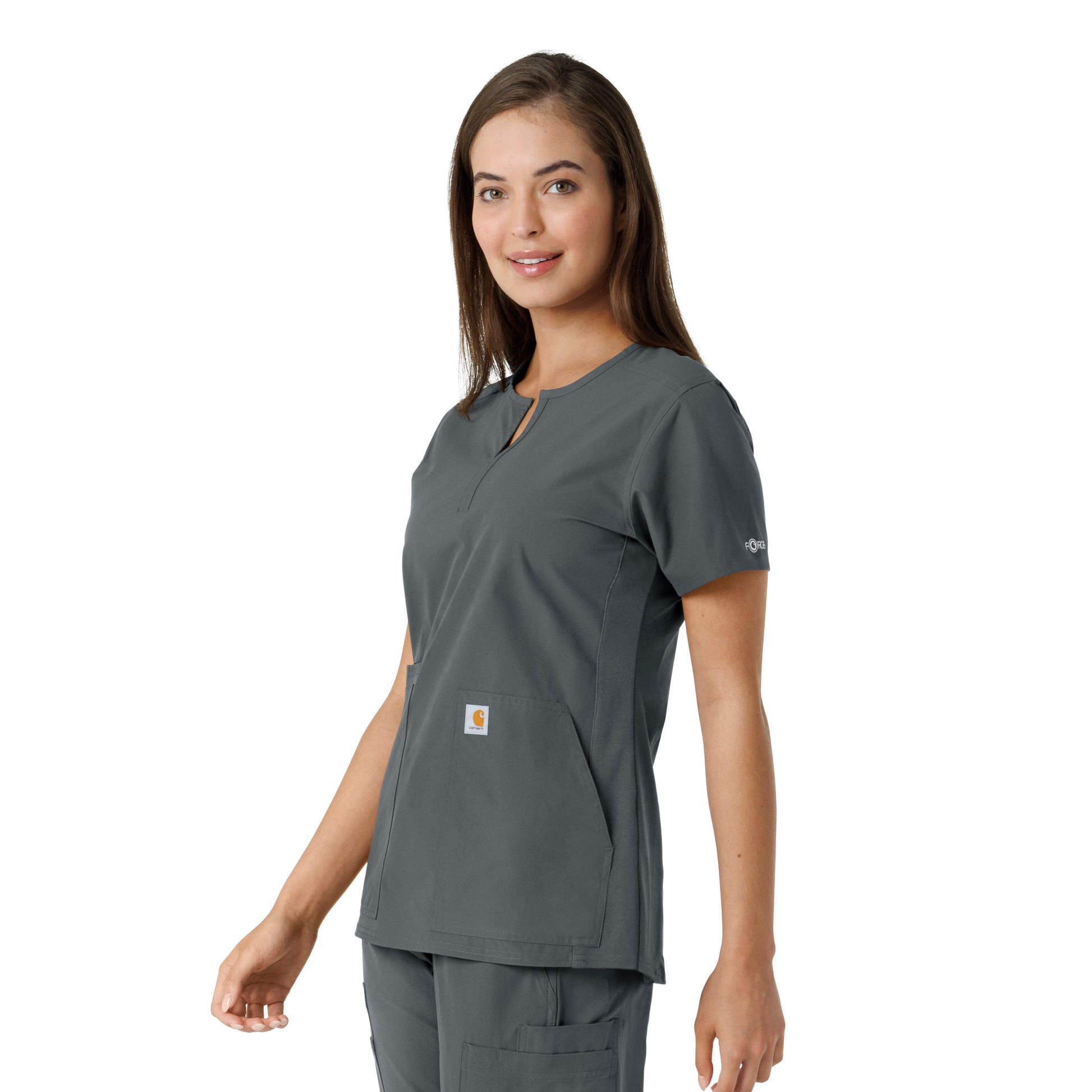 Force Essentials C12413 Notch Neck Tunic Knit Panel Scrub Top Pewter Model Image Left Side | Carhartt