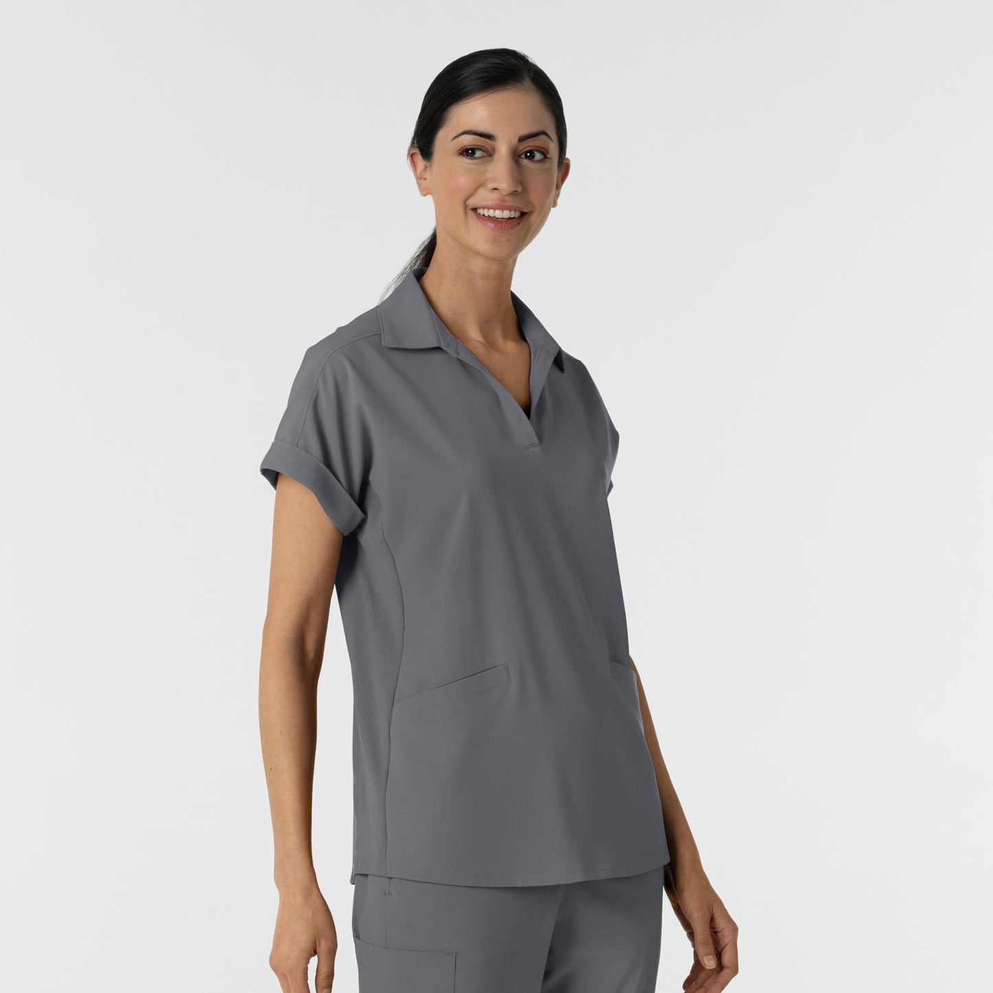 RENEW 6934 Women’s Flex-n-Reach Collared Scrub Top Pewter Model Image Right Side | Wink