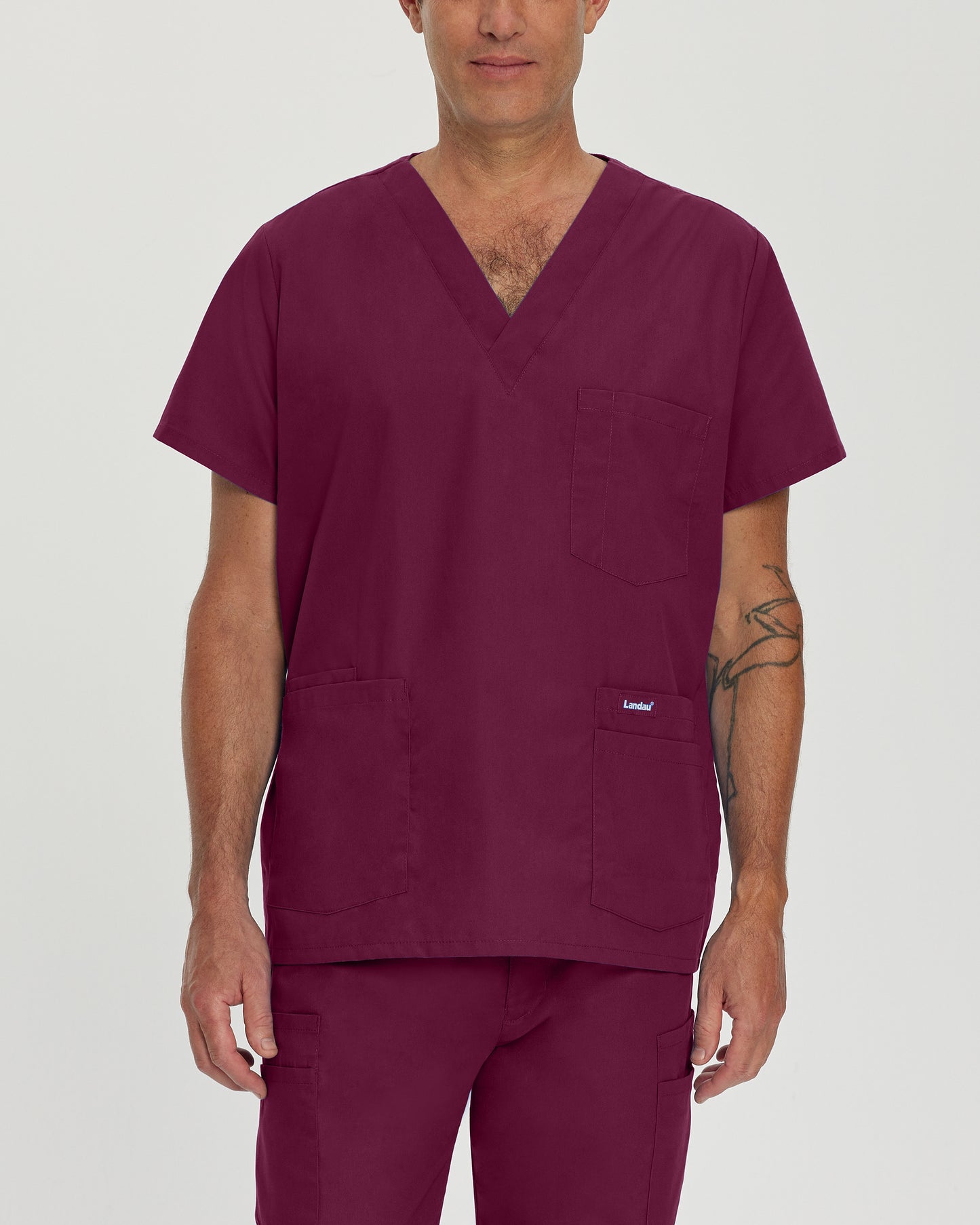 Essentials 7489 Men's 5 Pocket V Neck Scrub Top Wine Image