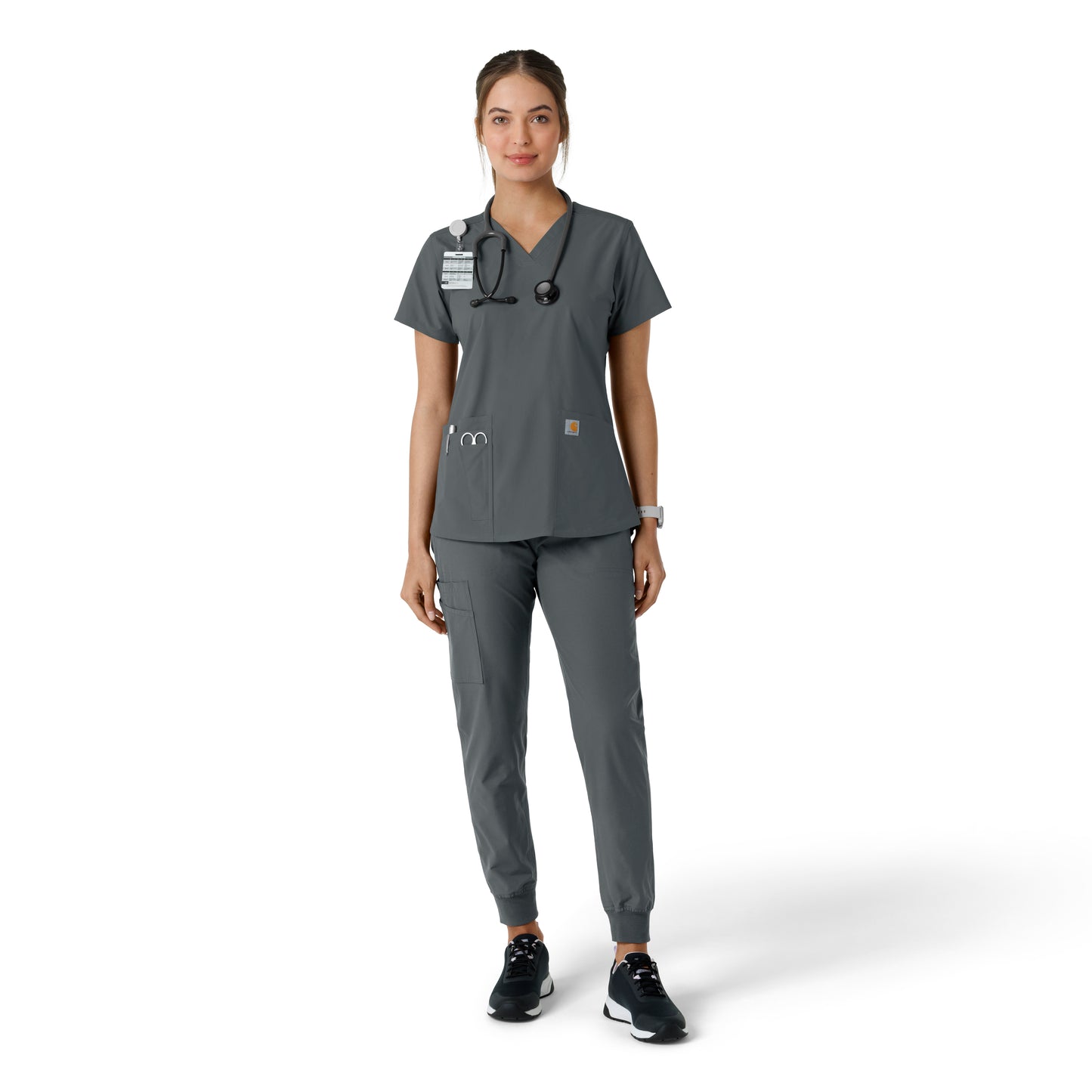 Force Essentials C12313 V-Neck Knit Panel Scrub Top Pewter Model Image Right Side | Carhartt