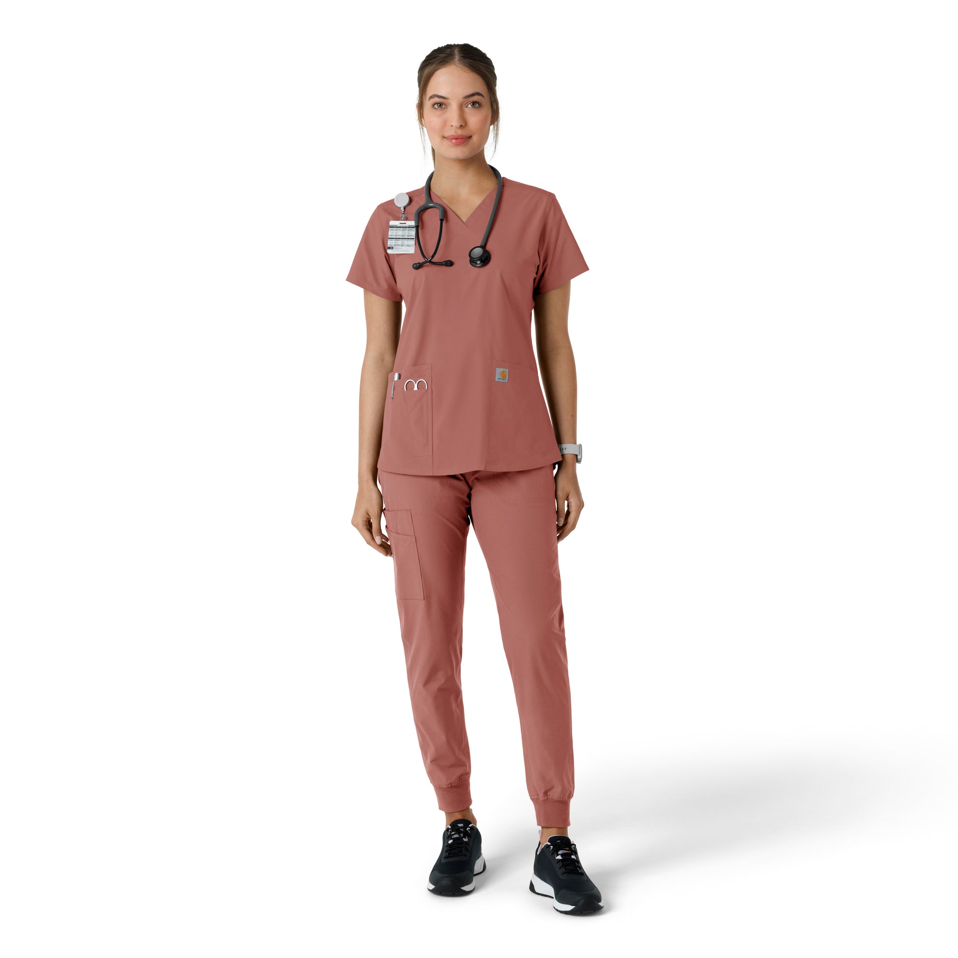 Force Essentials C12313 V-Neck Knit Panel Scrub Top Wildrose Model Image Right Side | Carhartt