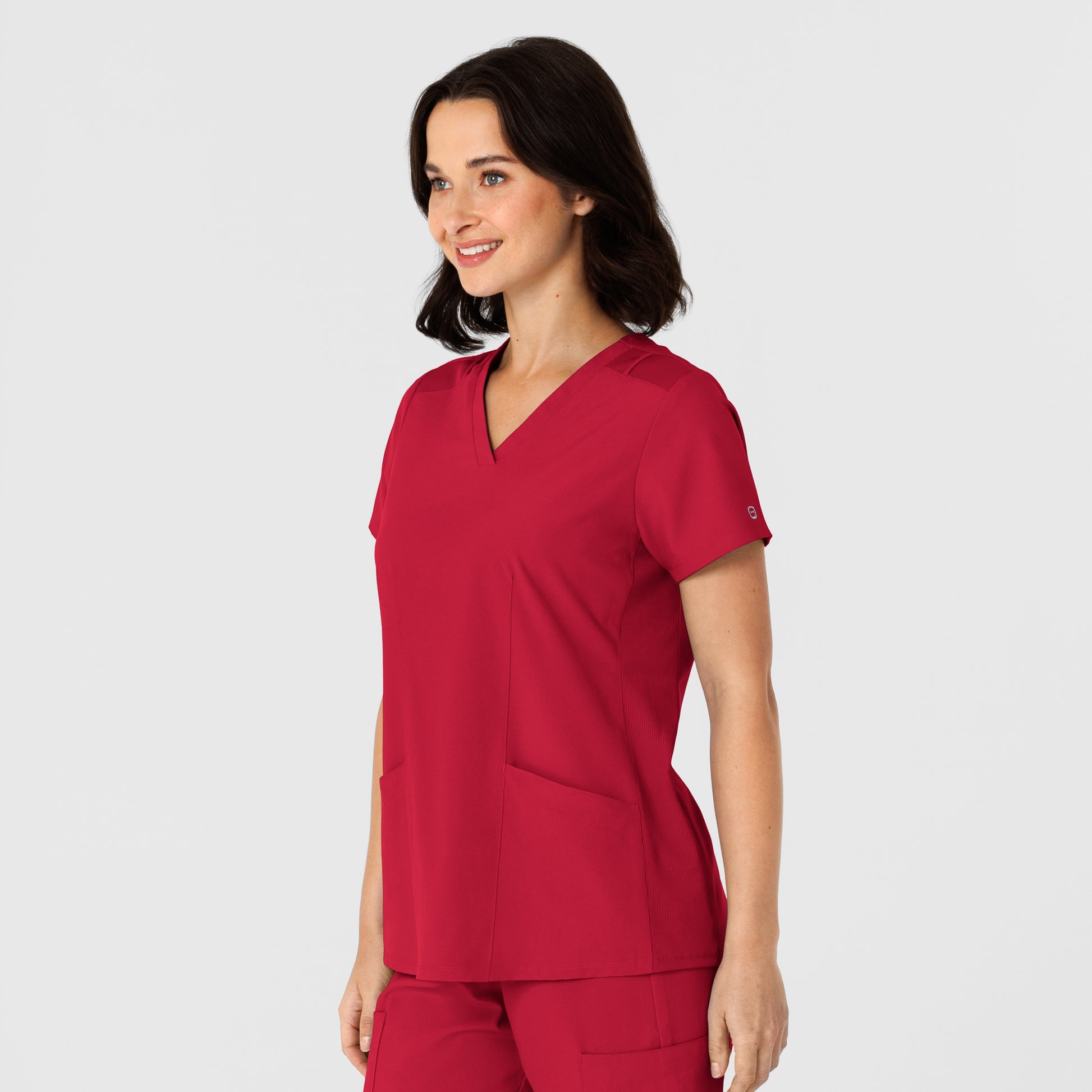 W123 6145 Flex-n-Reach Side Panel V-Neck Scrub Top Red Model Image Right Side | Wink