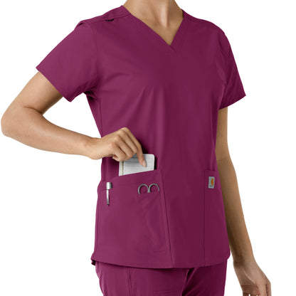 Force Essentials C12313 V-Neck Knit Panel Scrub Top Wine Model Image Alternate | Carhartt