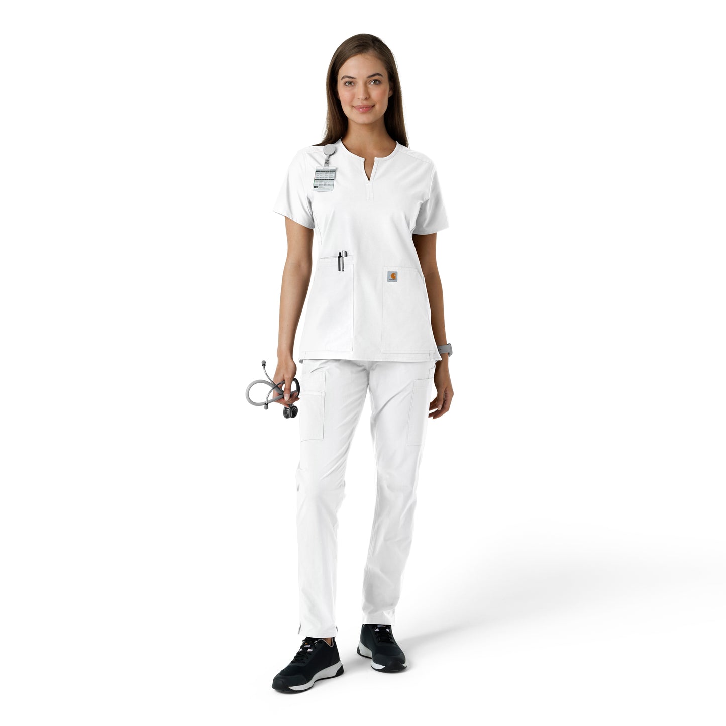 Force Essentials C12413 Notch Neck Tunic Knit Panel Scrub Top White Model Image Front | Carhartt