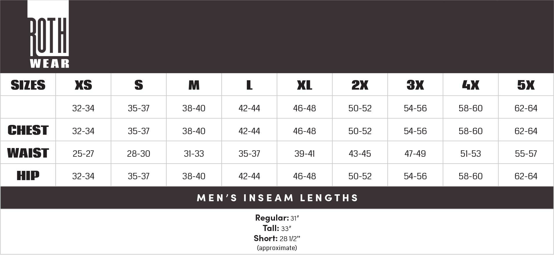 Roth Wear Men's Size Chart – Med Threads