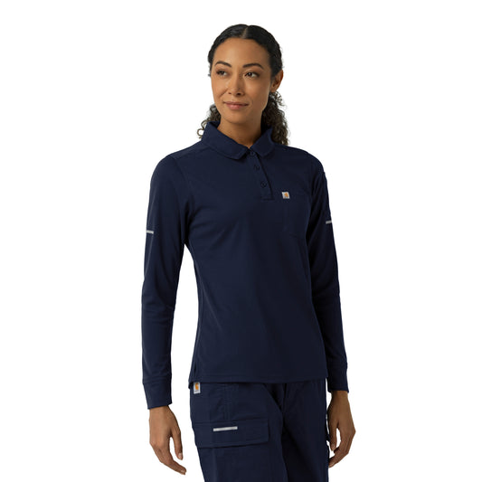 Rugged Flex C12129 Women's Heavyweight Long Sleeve Polo Scrub Top Dark Navy