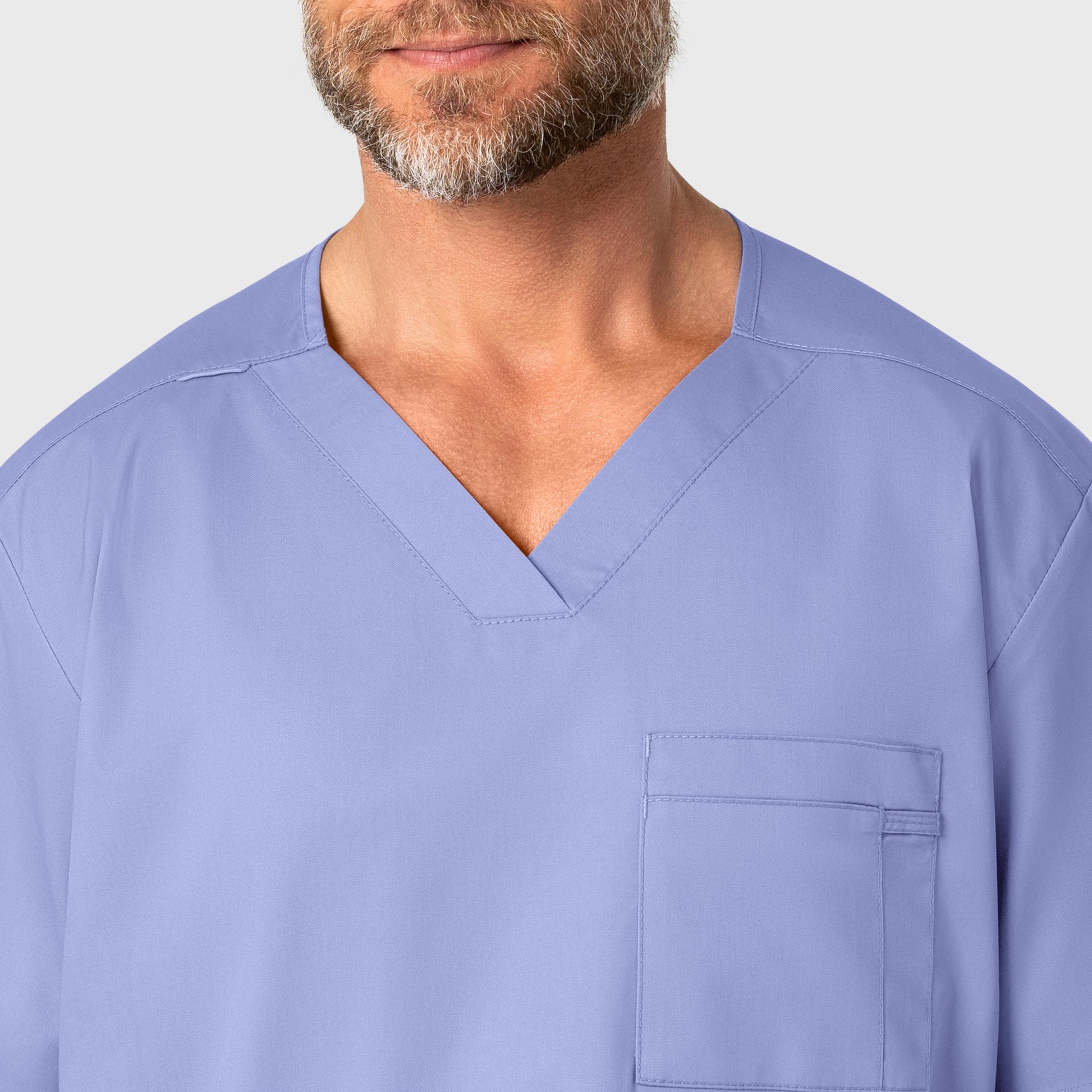 WonderWORK 103 Men's V-Neck Scrub Top Ceil Blue Model Image Left Side | Wink