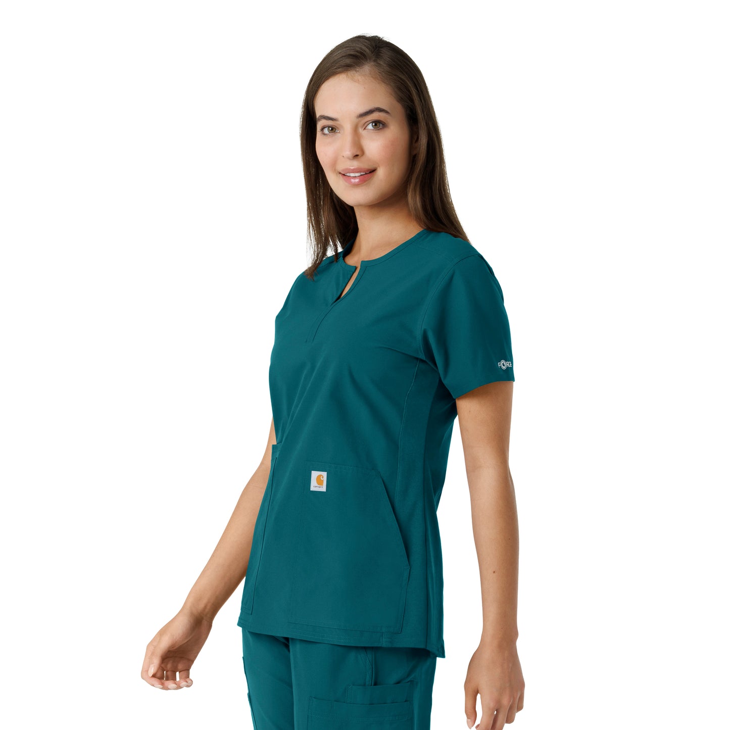 Force Essentials C12413 Notch Neck Tunic Knit Panel Scrub Top Caribbean Model Image Left Side | Carhartt