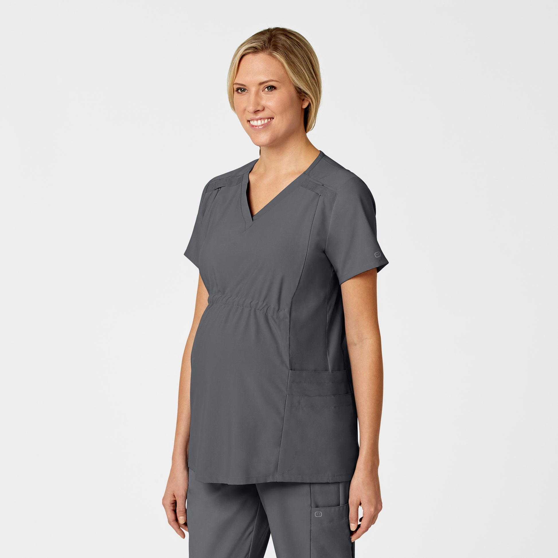 W123 4555 Maternity V-Neck Scrub Top Pewter Model Image Right Side | Wink