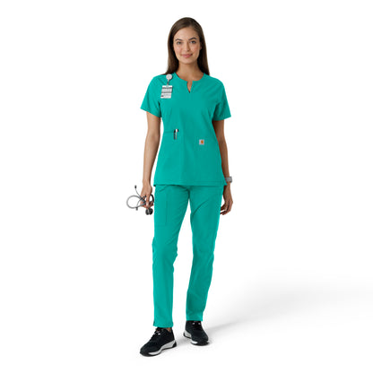 Force Essentials C12413 Notch Neck Tunic Knit Panel Scrub Top Teal Model Image Front | Carhartt