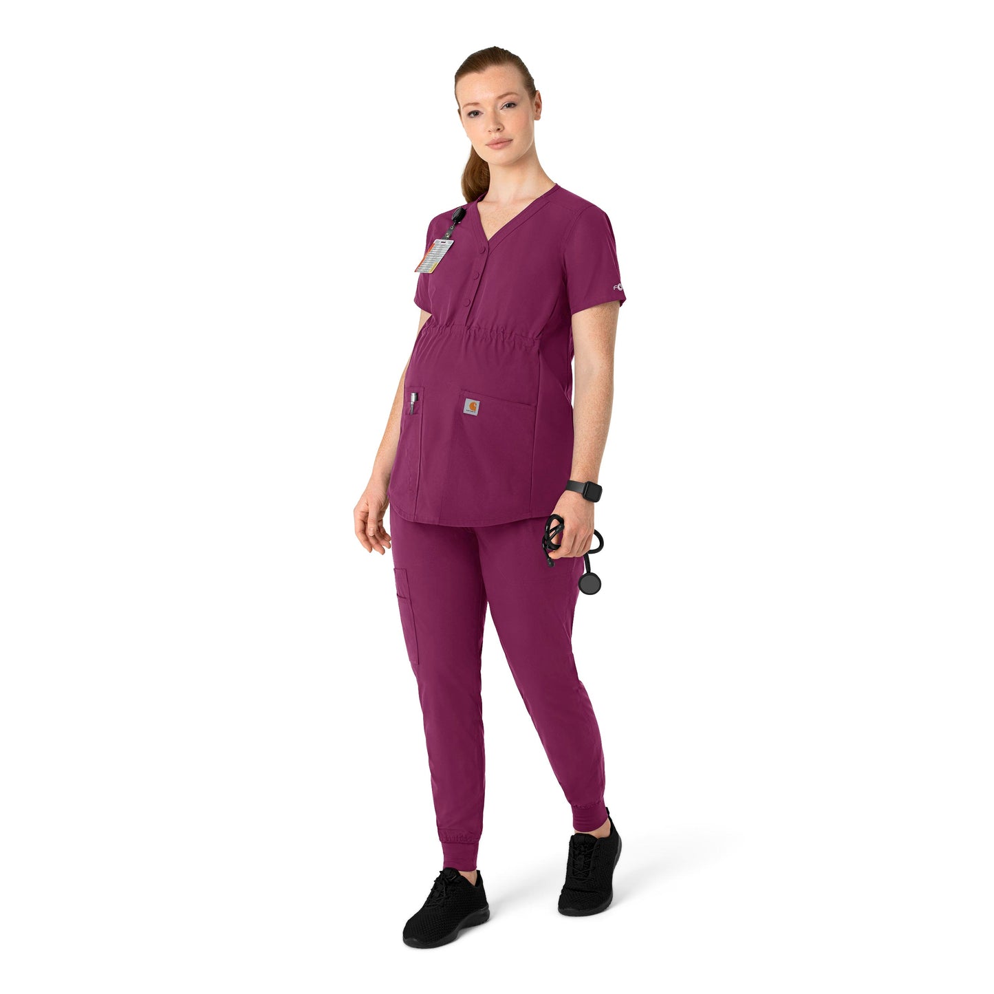 Force Essentials C14113 Henley Maternity Scrub Top Wine Model Image Right Side | Carhartt