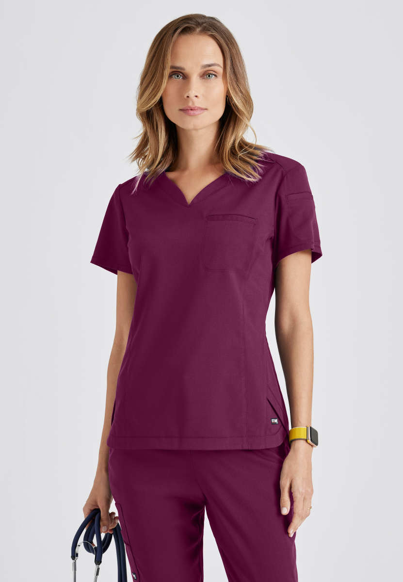 Greys Anatomy Stretch GRST136 Capri Tuck-in Scrub Top Wine