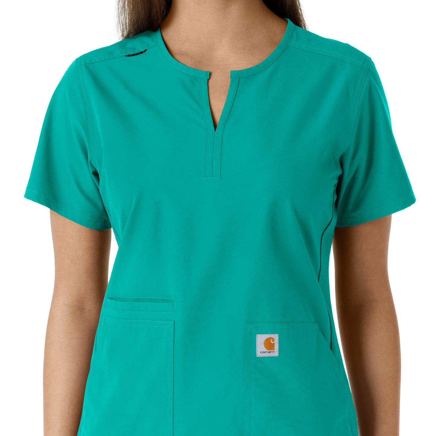 Force Essentials C12413 Notch Neck Tunic Knit Panel Scrub Top Teal Model Image Left Side | Carhartt