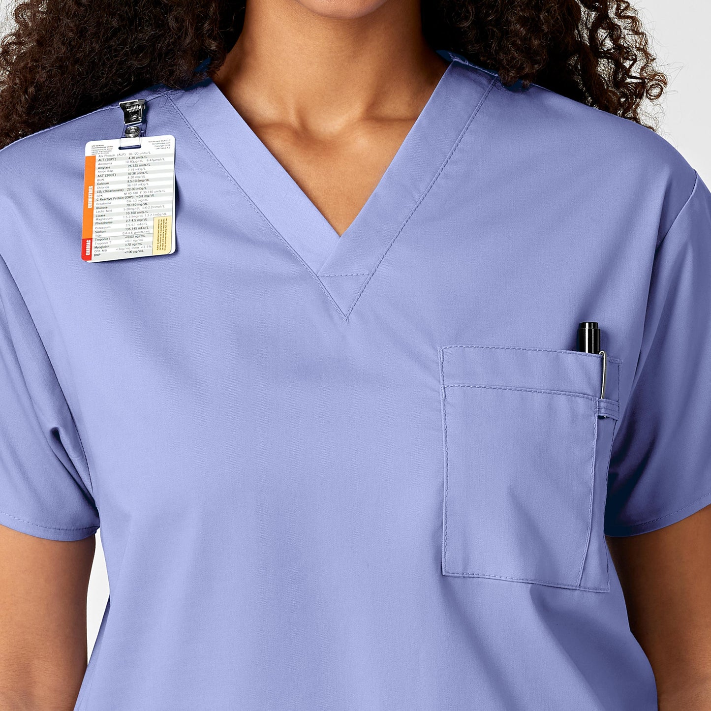 WonderWORK 100 Unisex V-Neck Scrub Top Ceil Blue Model Image Alternate | Wink