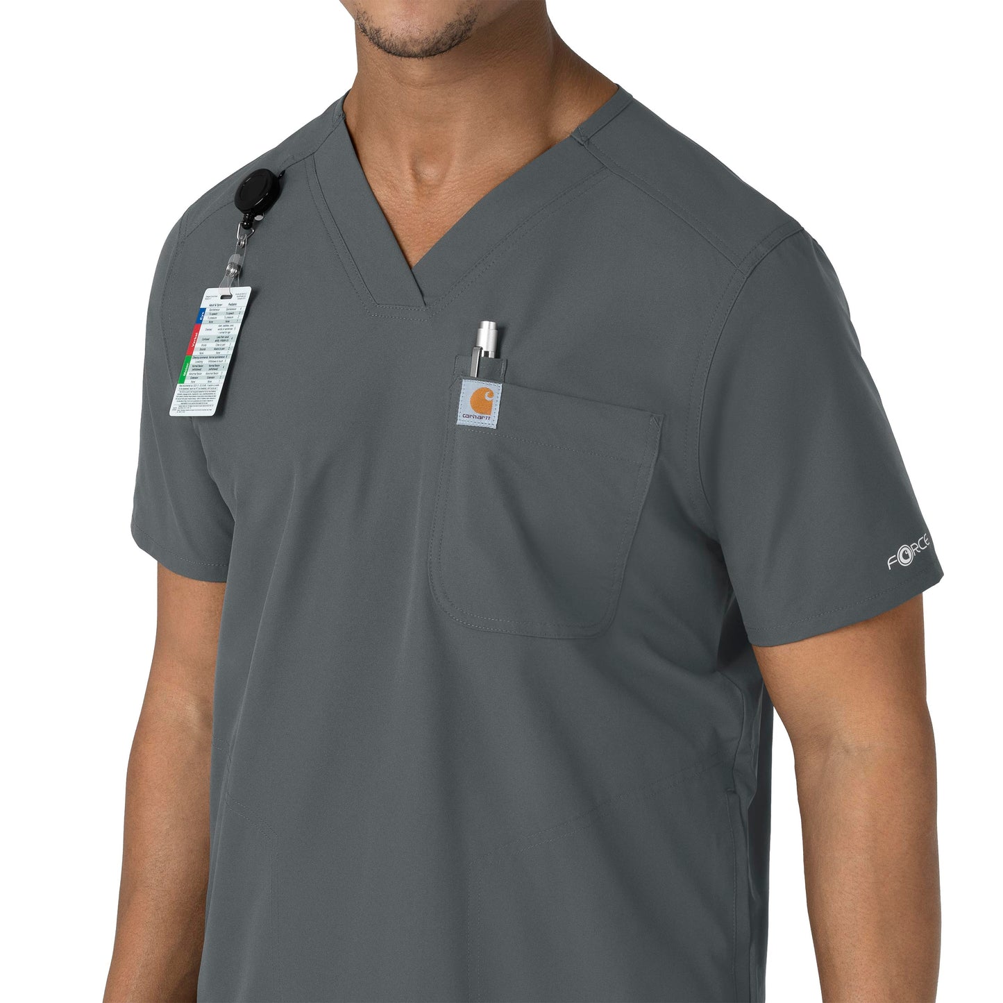 Force Essentials C16113 Men's V-Neck Shirttail Scrub Top Pewter Model Image Left Side | Carhartt