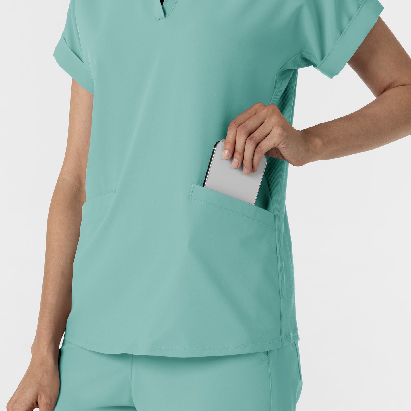 RENEW 6934 Women’s Flex-n-Reach Collared Scrub Top Turquoise Model Image Alternate | Wink