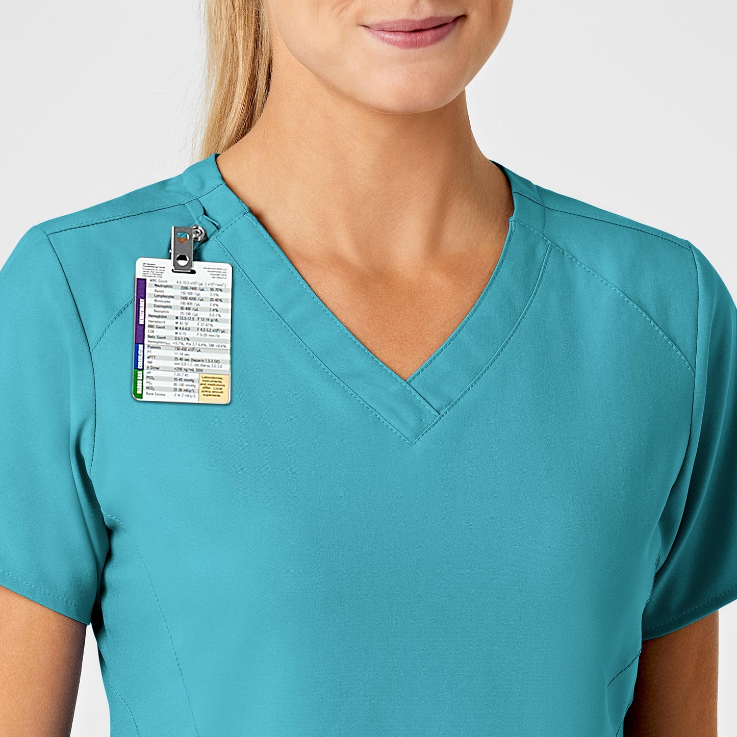 W123 6155 Stylized V-Neck Scrub Top Teal Blue Model Image Alternate | Wink