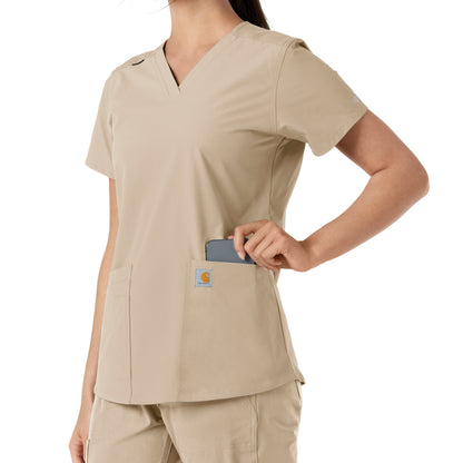 Force Essentials C12313 V-Neck Knit Panel Scrub Top Khaki Model Image Alternate | Carhartt