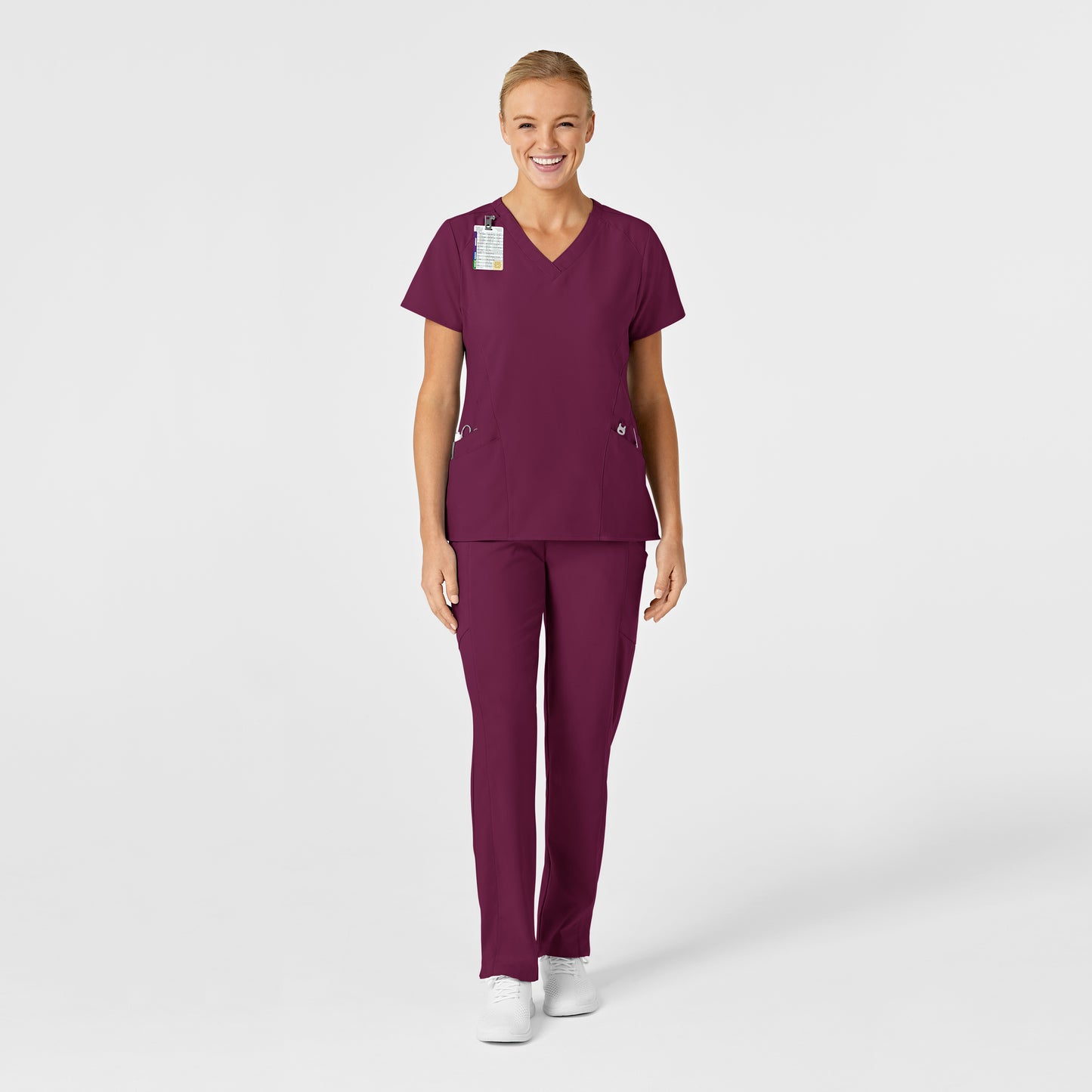 W123 6155 Stylized V-Neck Scrub Top Wine Model Image Right Side | Wink