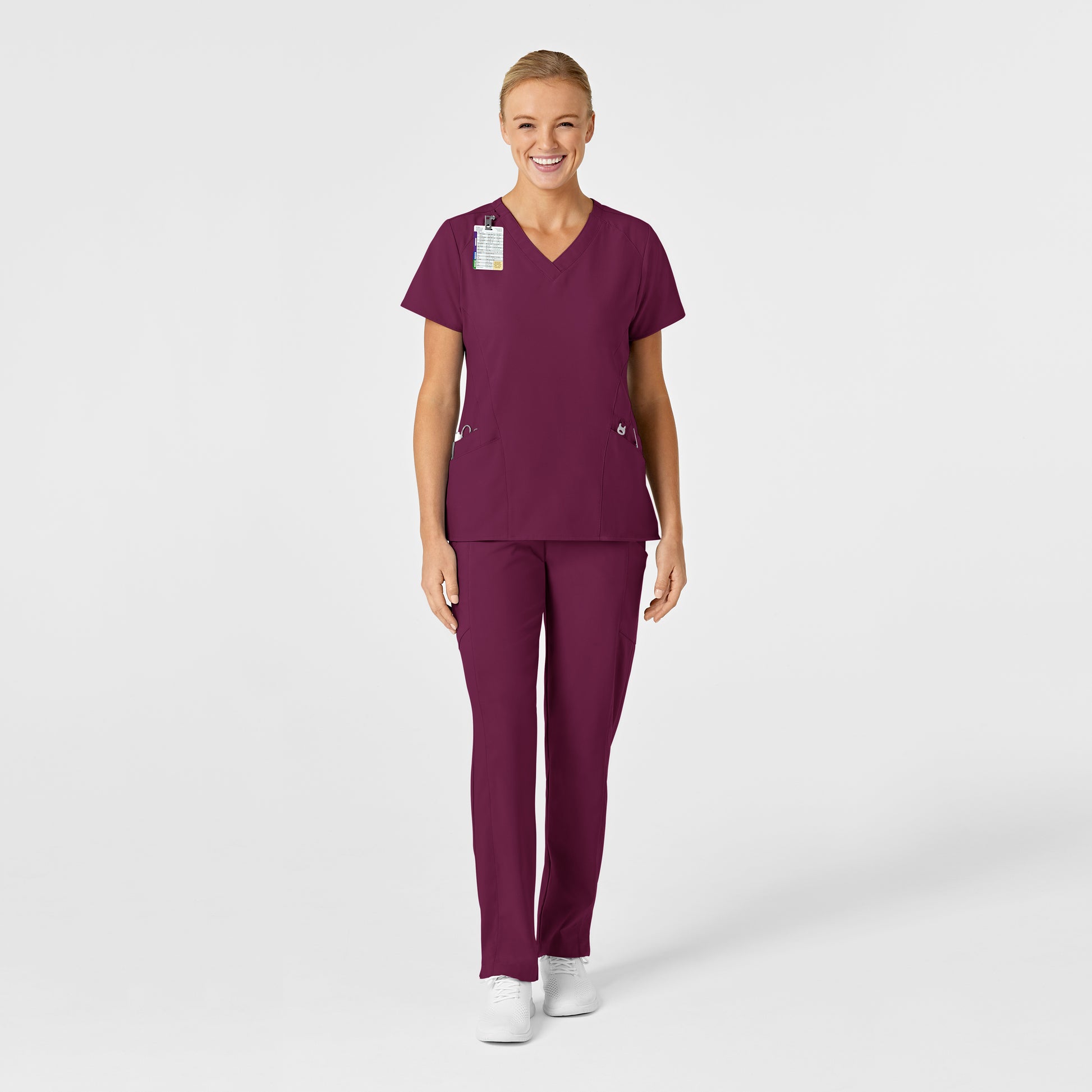 W123 6155 Stylized V-Neck Scrub Top Wine Model Image Alternate | Wink