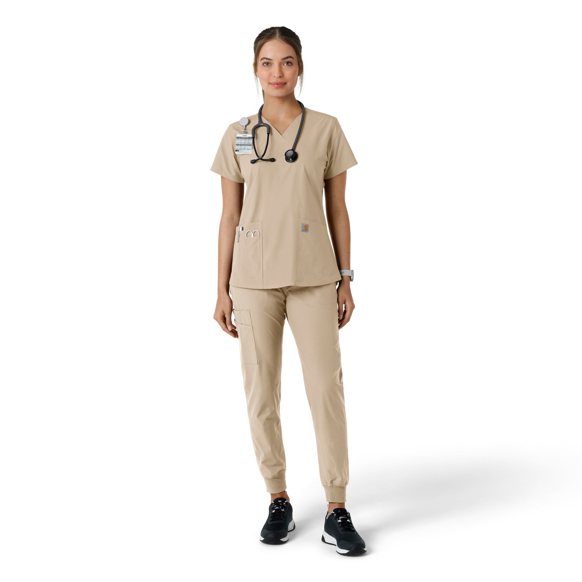 Force Essentials C12313 V-Neck Knit Panel Scrub Top Khaki Model Image Front | Carhartt