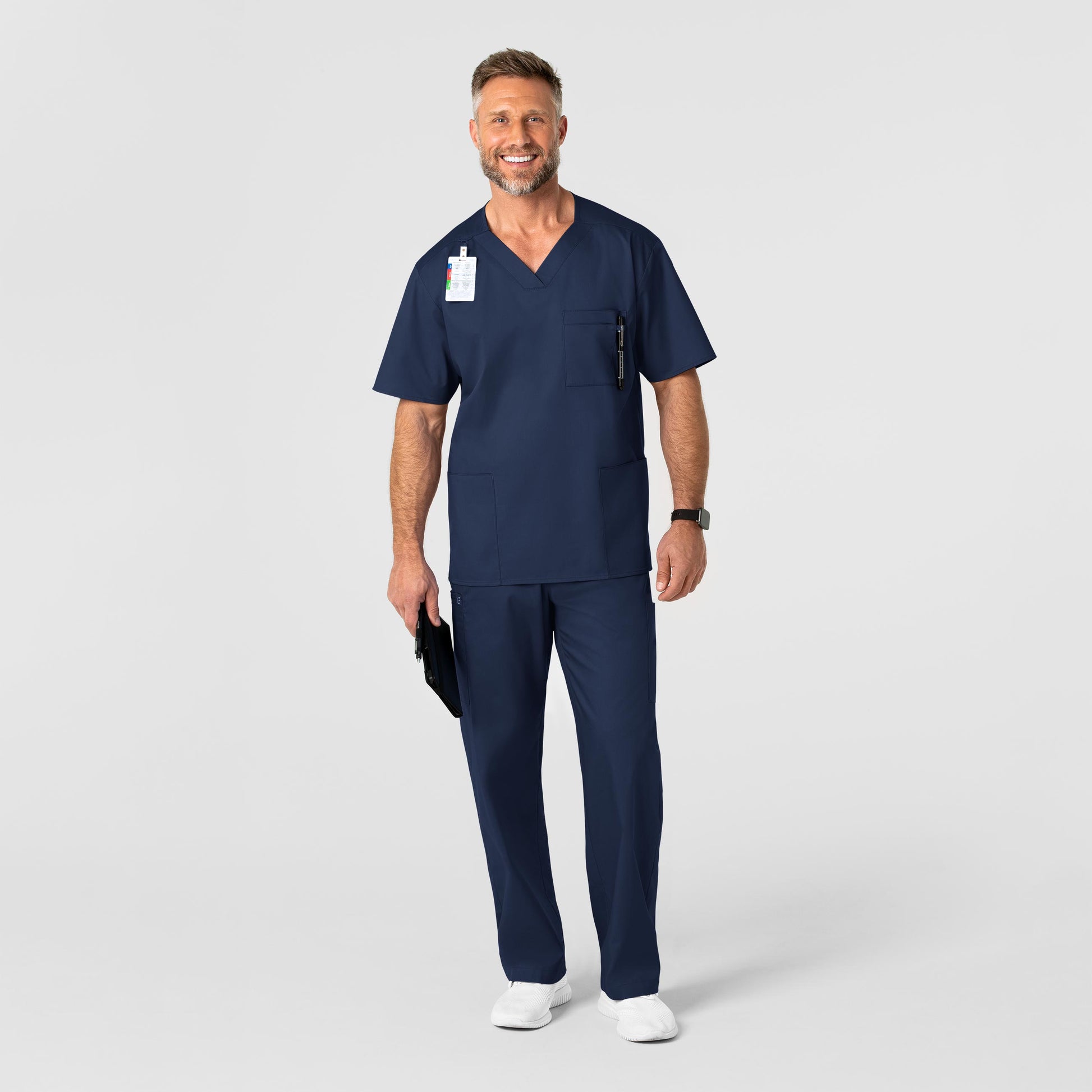 WonderWORK 103 Men's V-Neck Scrub Top Navy Model Image Right Side | Wink