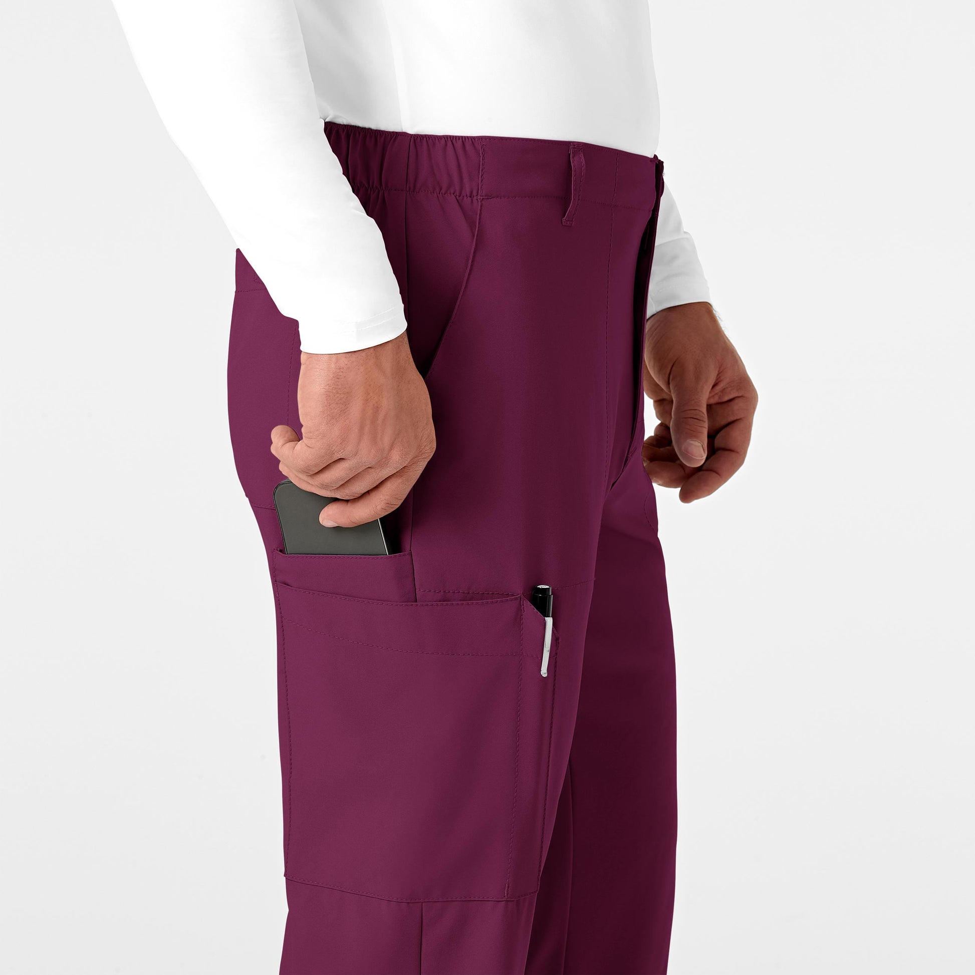 W123 5355 Men's Flat Front Cargo Scrub Pants Wine Model Image Alternate | Wink