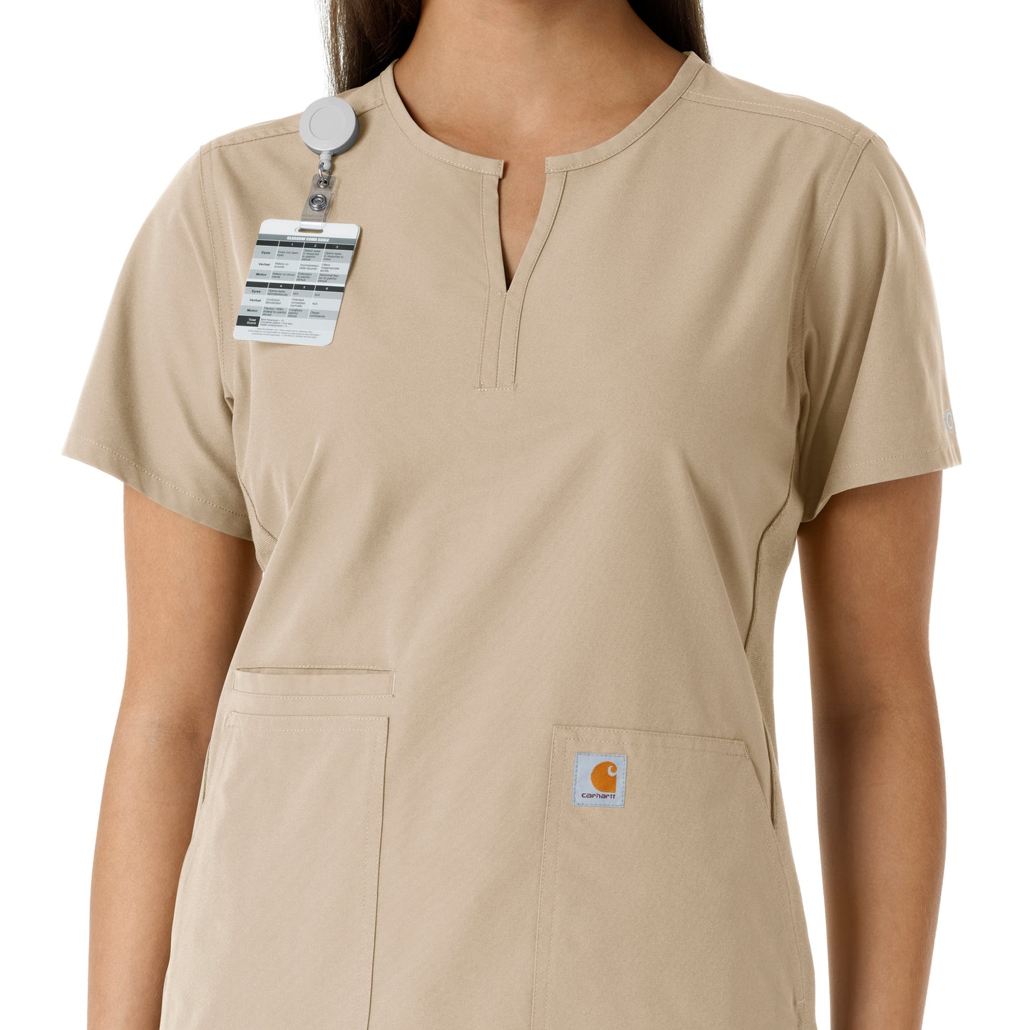 Force Essentials C12413 Notch Neck Tunic Knit Panel Scrub Top Khaki Model Image Alternate | Carhartt